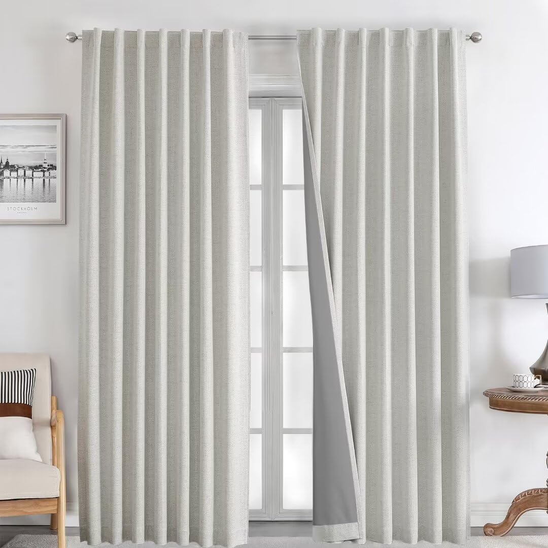 Joydeco 100% Black Out Curtains 108 inch Long 2 Panels Burg Natural Blackout Linen Drapes for Bedroom Living Room Darkening Curt
