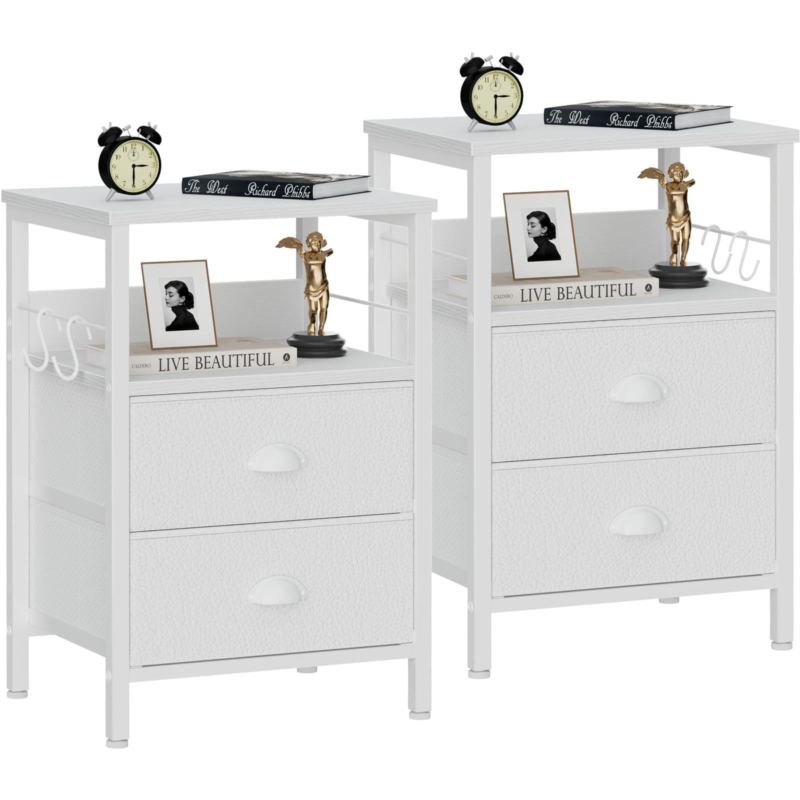 Furologee Nightstands Set 2, End Table with 2 Fabric Drawers, Bedside Table with 2 Hooks, Open Wood Shelf Side Sofa Table for Be