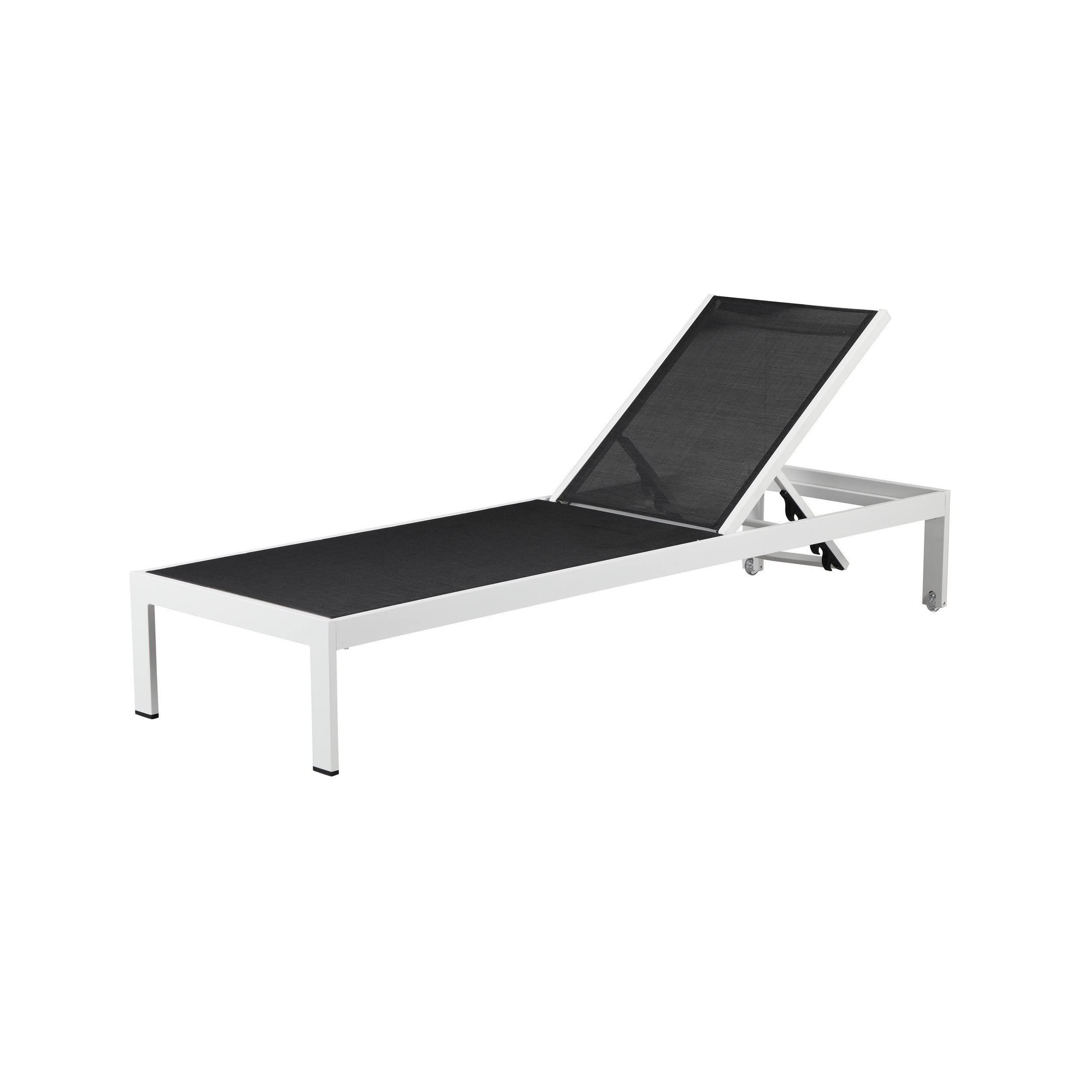 Benjara BM287748 Patio Edie 76 Inch Outdoor Adjustable Chaise Lounger, Metal, Textilene, White and Black