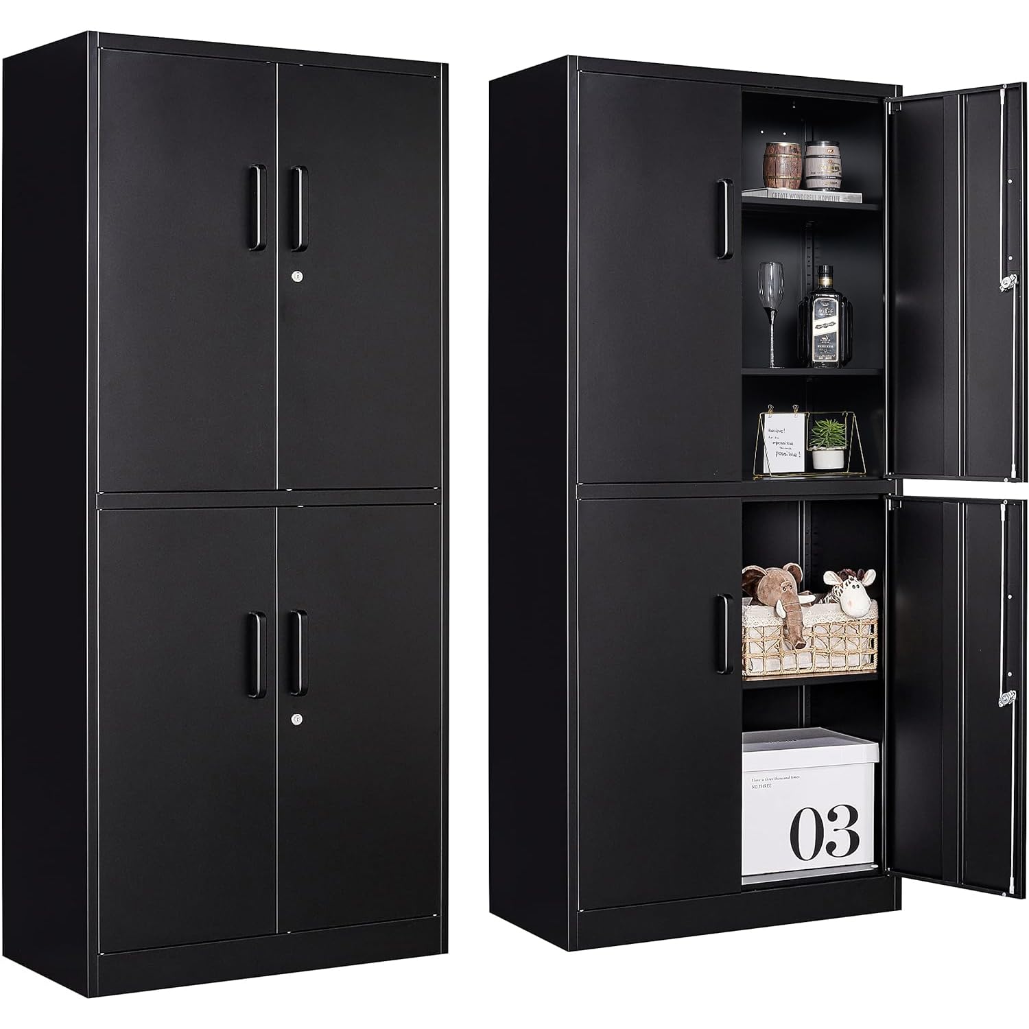 Metal Storage Cabinet with 3 Adjustable Shelves and 4 Doors,71  Garage Storage Cabinet with Lock,Black Metal Cabinets with Locki