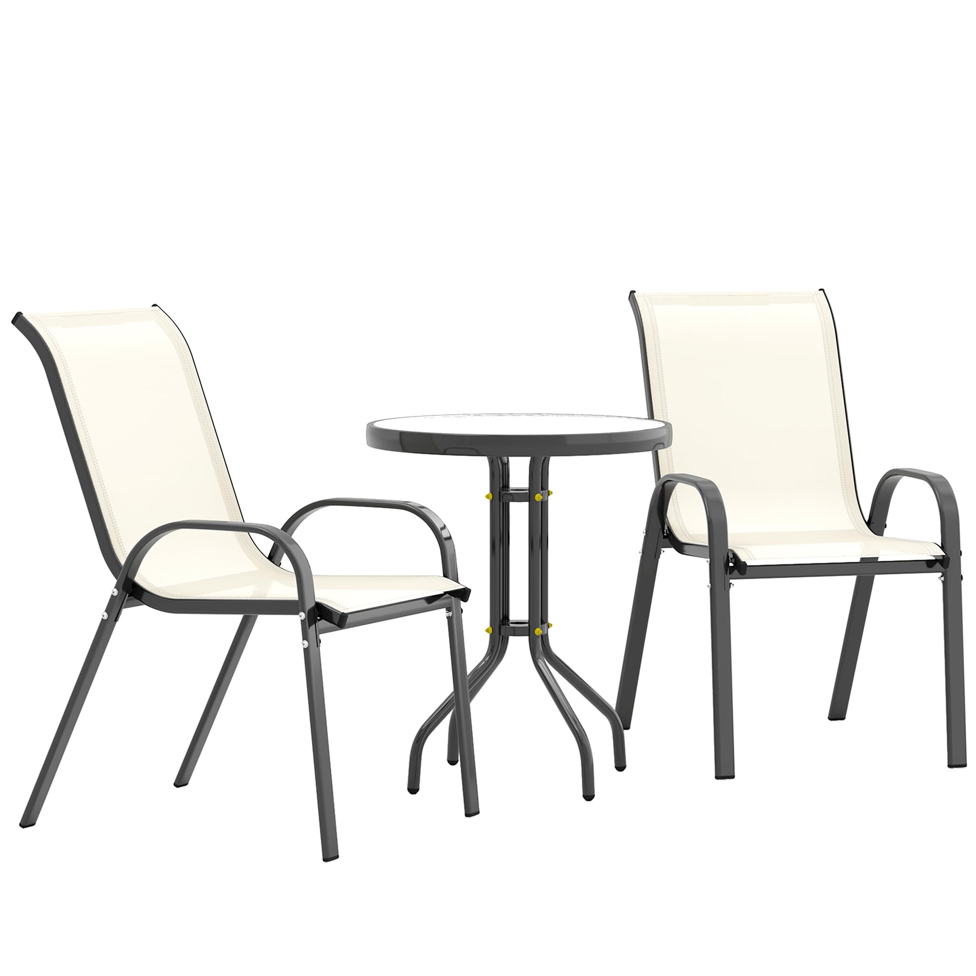 Outsunny 3 Pieces Outdoor Bistro Set, Small Patio Set with Stackable Mesh Chairs and Glass Top Table, High Back Patio Furniture 