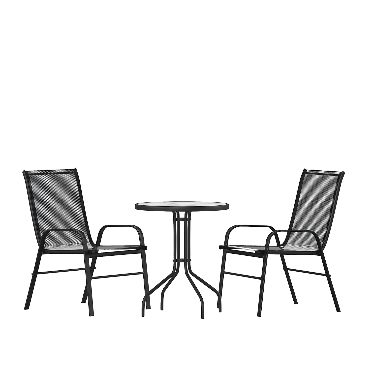 Flash Furniture Brazos 3 Piece Outdoor Patio Dining Set - 2 Black Flex Comfort Stack Chairs - 23.75 Round Tempered Glass Patio T