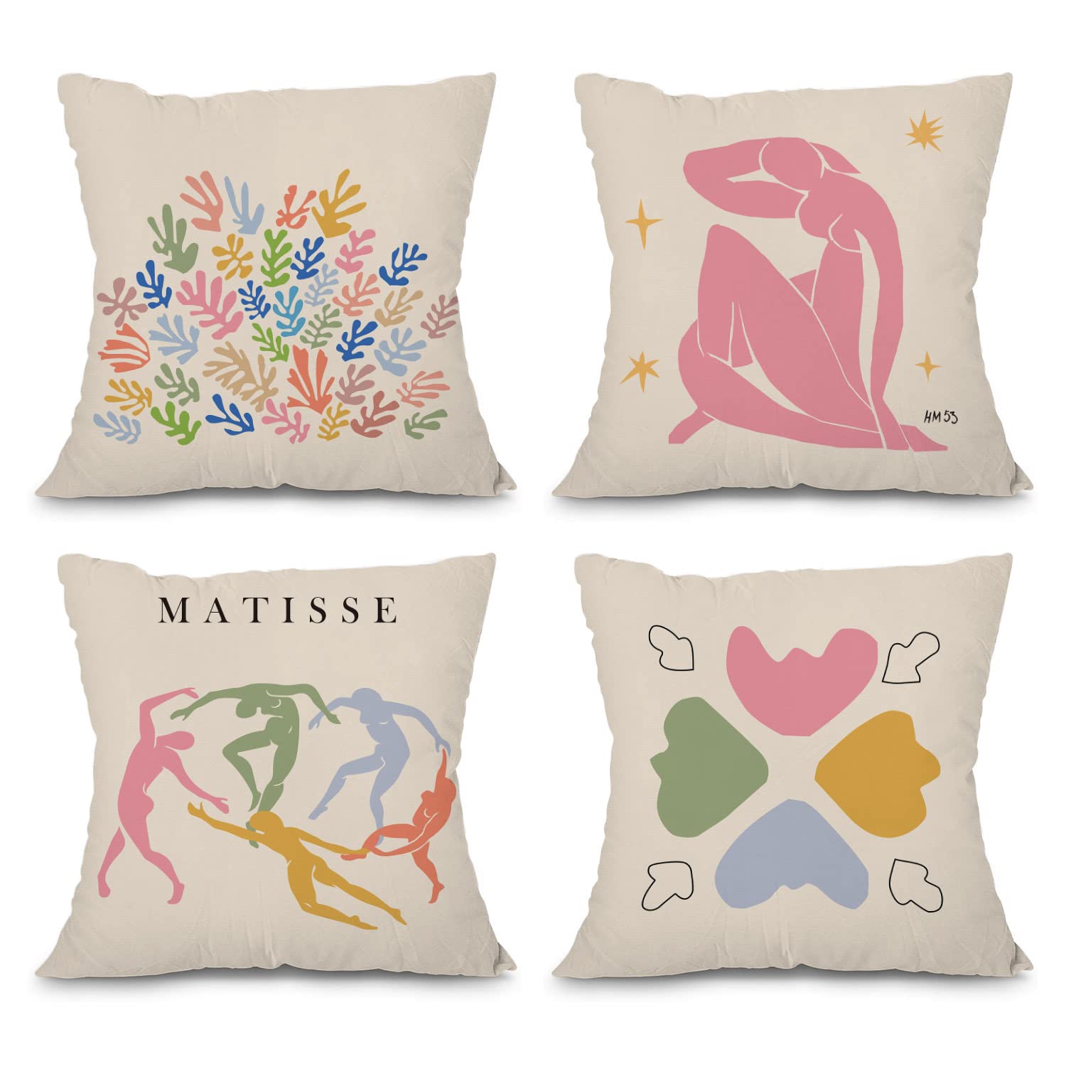heilkee Matisse Decor Danish Pastel Throw Pillow Covers Set of 4 Decorative Soft Pillowcase Minimalist Room Decor Aesthetic Squa