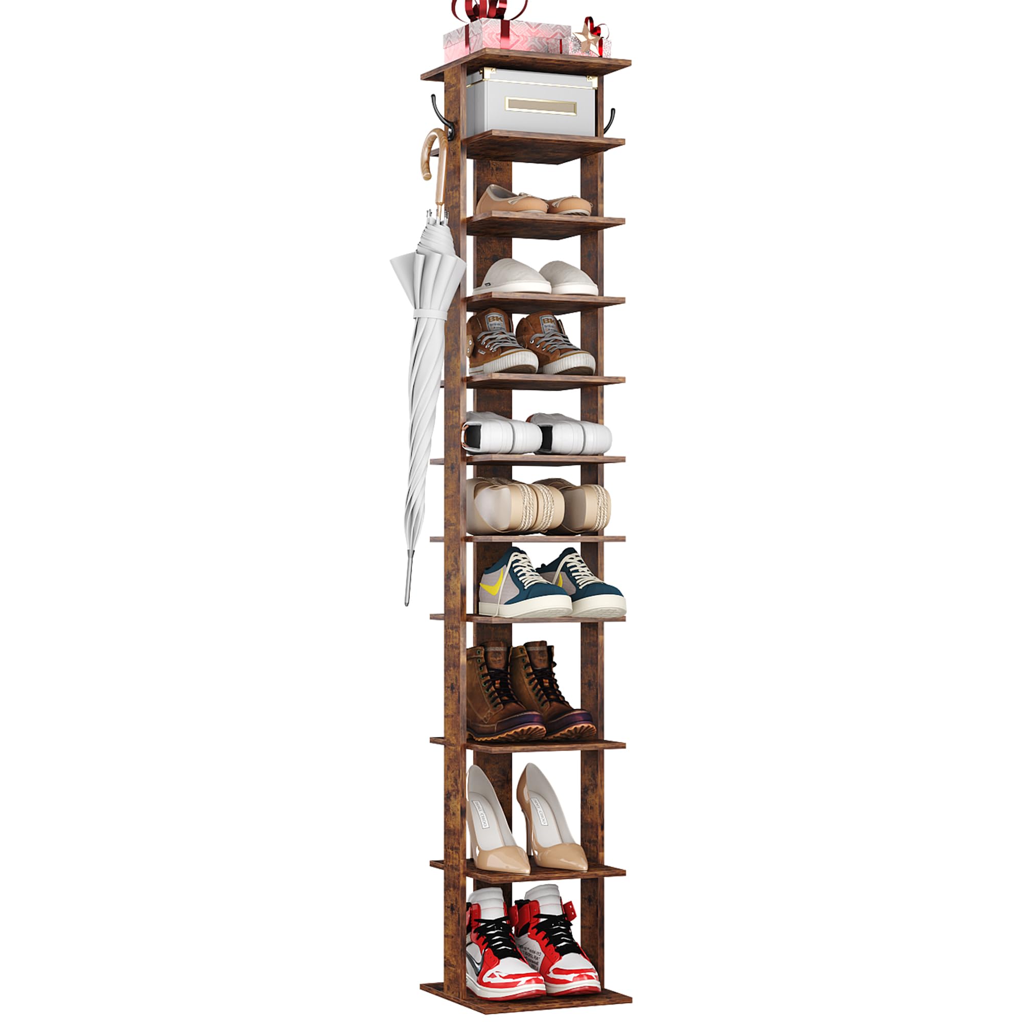HOMHOMEFORT 10-Tier Vertical Shoe Rack, Corner Shoe Tower, Slim Shoe Organizer with Two Hanging Hooks, Wooden Shoe Storage Stand