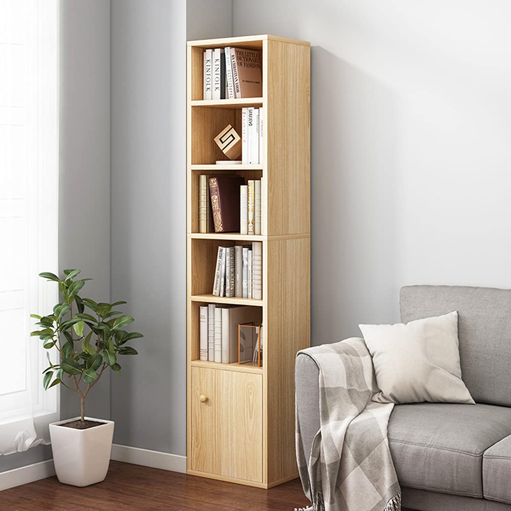 IOTXY Small Narrow Corner Bookcase - 59 Tall Free Standing Gap Storage Cabinet, 6 Lattices Open Shelves Tower Rack with Door, Cu