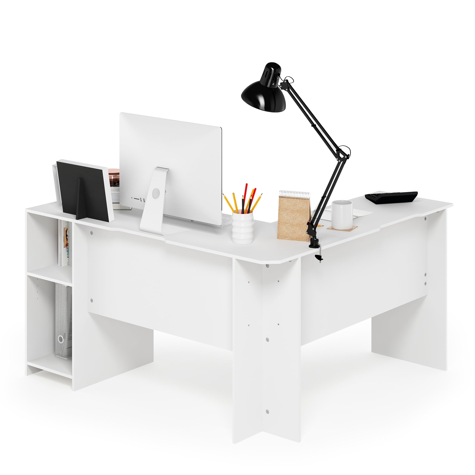 Furinno Indo L-Shaped Computer Desk with Bookshelf, White