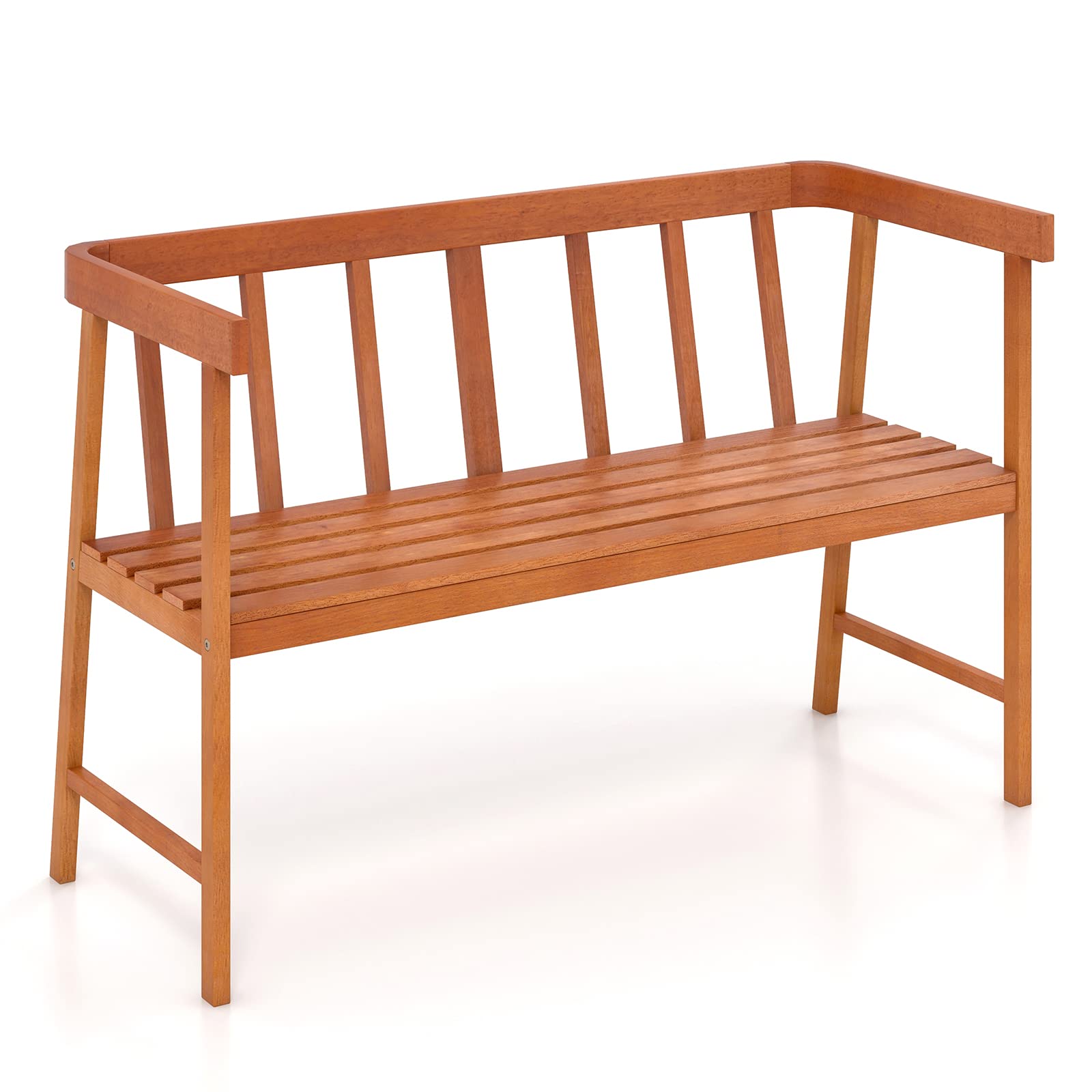 Tangkula Outdoor Eucalyptus Wood Bench, 2-Person Garden Bench with Backrest and Armrests, Garden Bench with Slatted Seat for Por