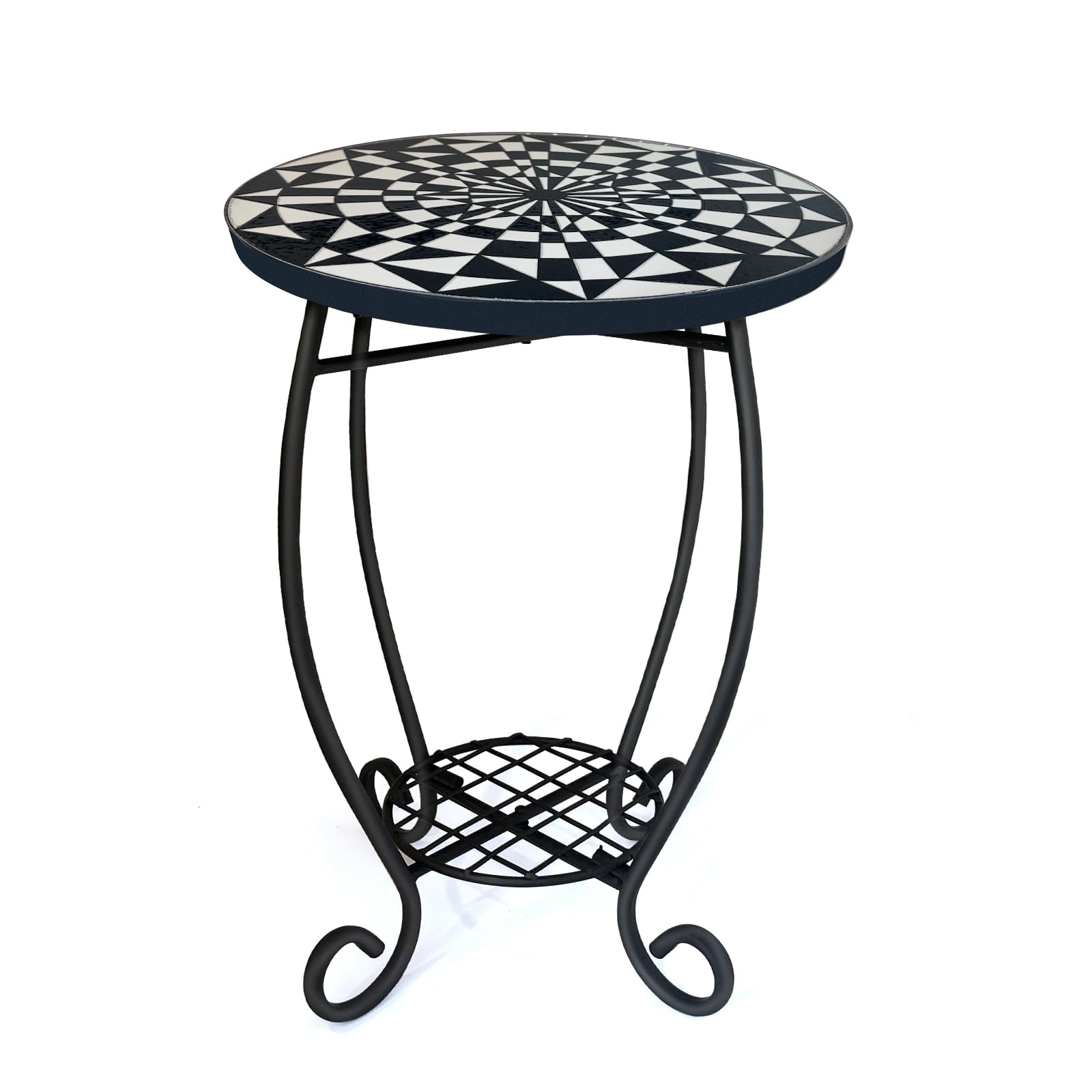 LIFFY Outdoor Side Table,12 Round Ceramic Tabletop Accent Table with Metal Frame, Indoor Small Decorative Plant Stand & End Tabl