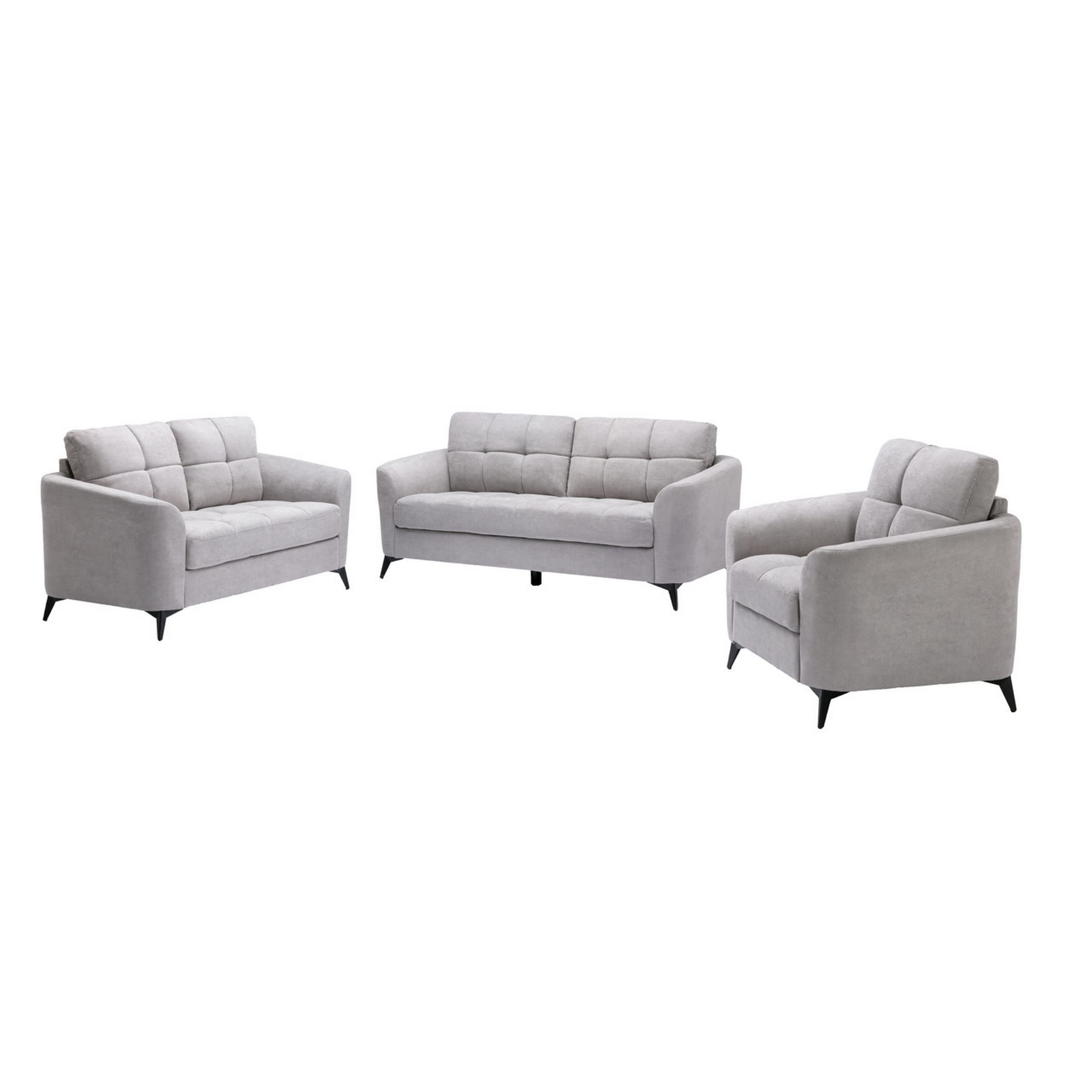 Benjara Odin 3 Piece Sofa, Loveseat, Chair Set, Tufted Cushions, Light Gray Velvet