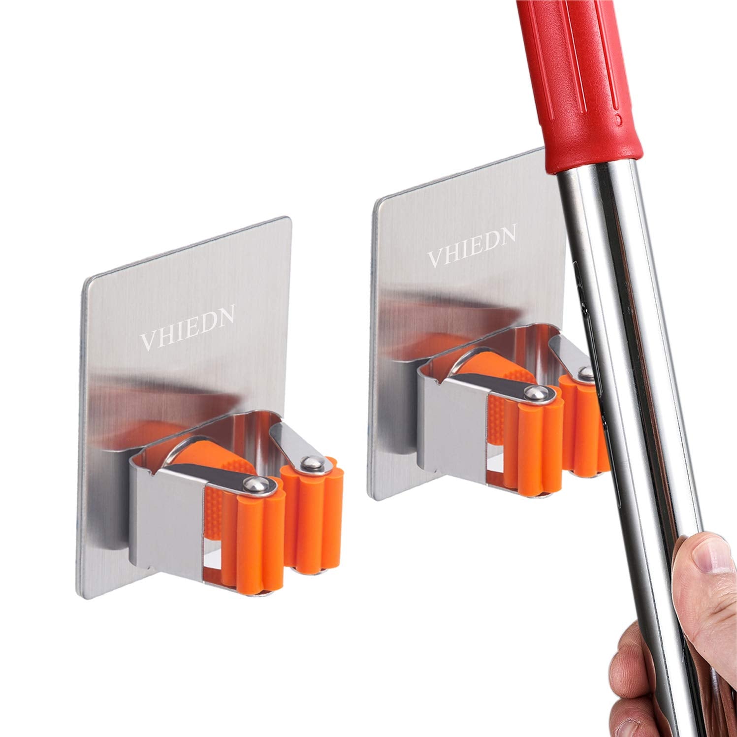 VHIEDN Broom Mop Holder Wall Mounted, Stainless Steel Adhesive Single Broom Hanger Hook for Bathroom Kitchen Garage Closet RV Or
