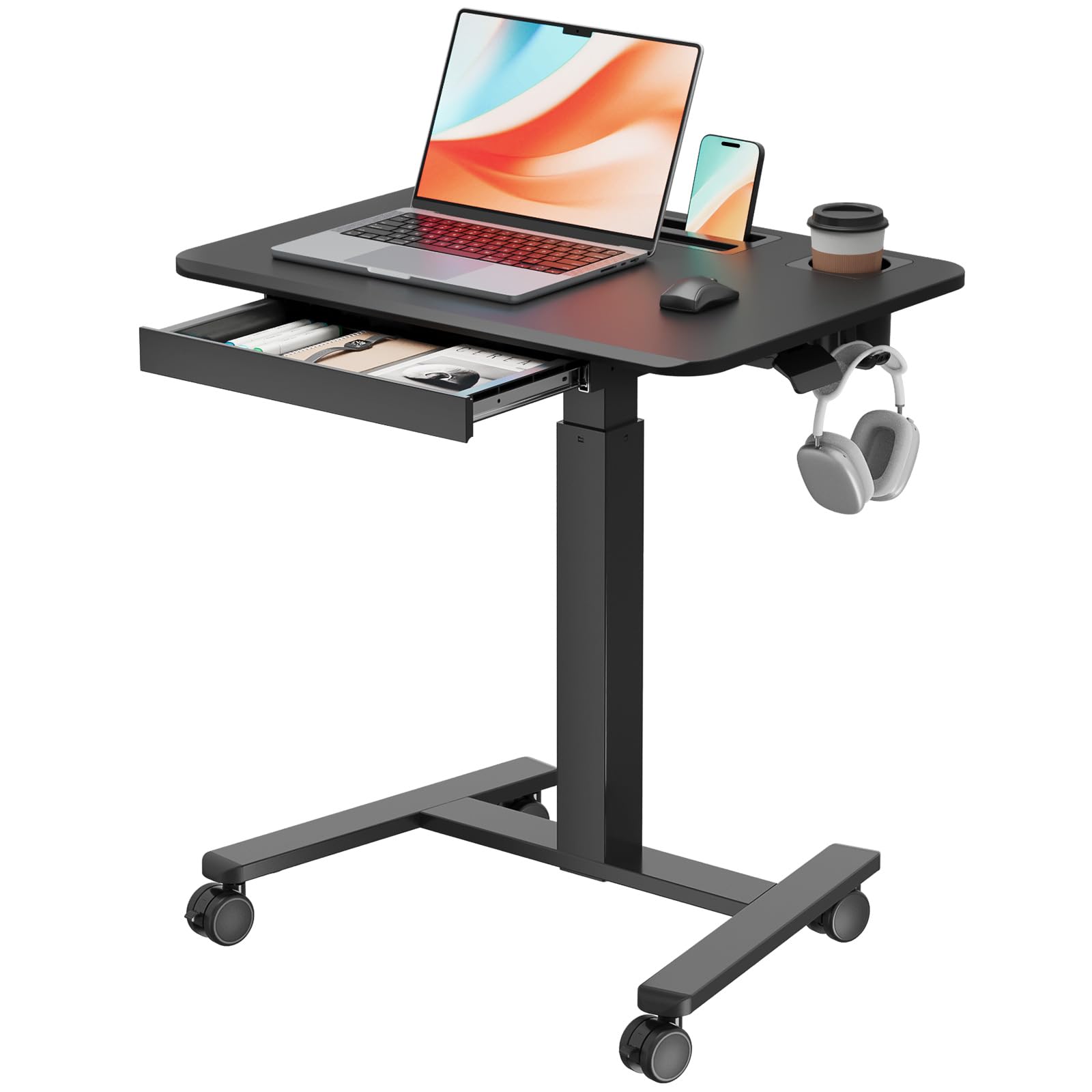 JYLH JOYSEEKER Mobile Standing Desk with Drawer, 28 Rolling Desk with Cup Holder and Hooks, Portable Laptop Workstation on Wheel