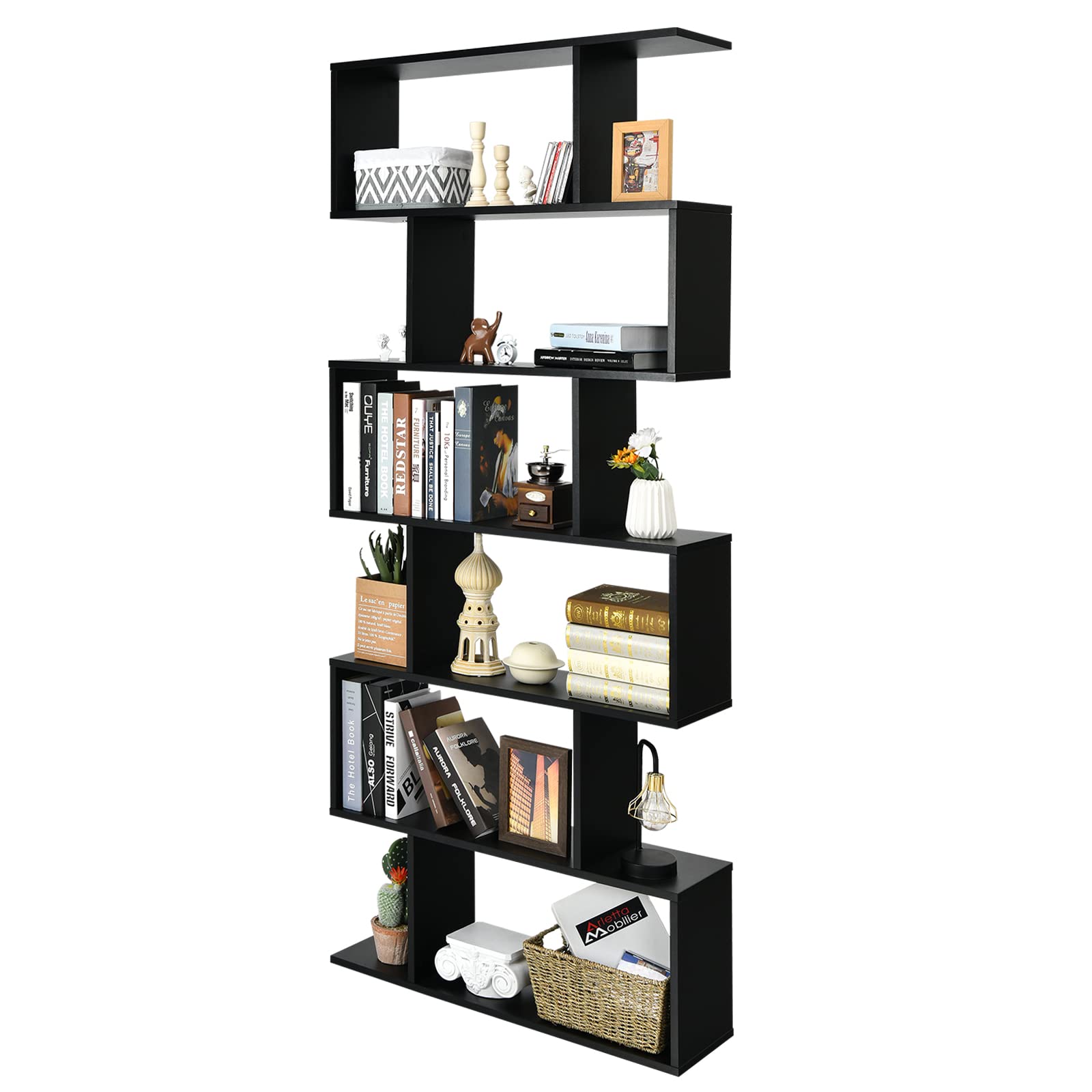 Giantex Geometric Bookcase Black, S-Shaped Wooden Bookshelf, 6-Tier Modern Freestanding Decorative Storage Display Shelves for B