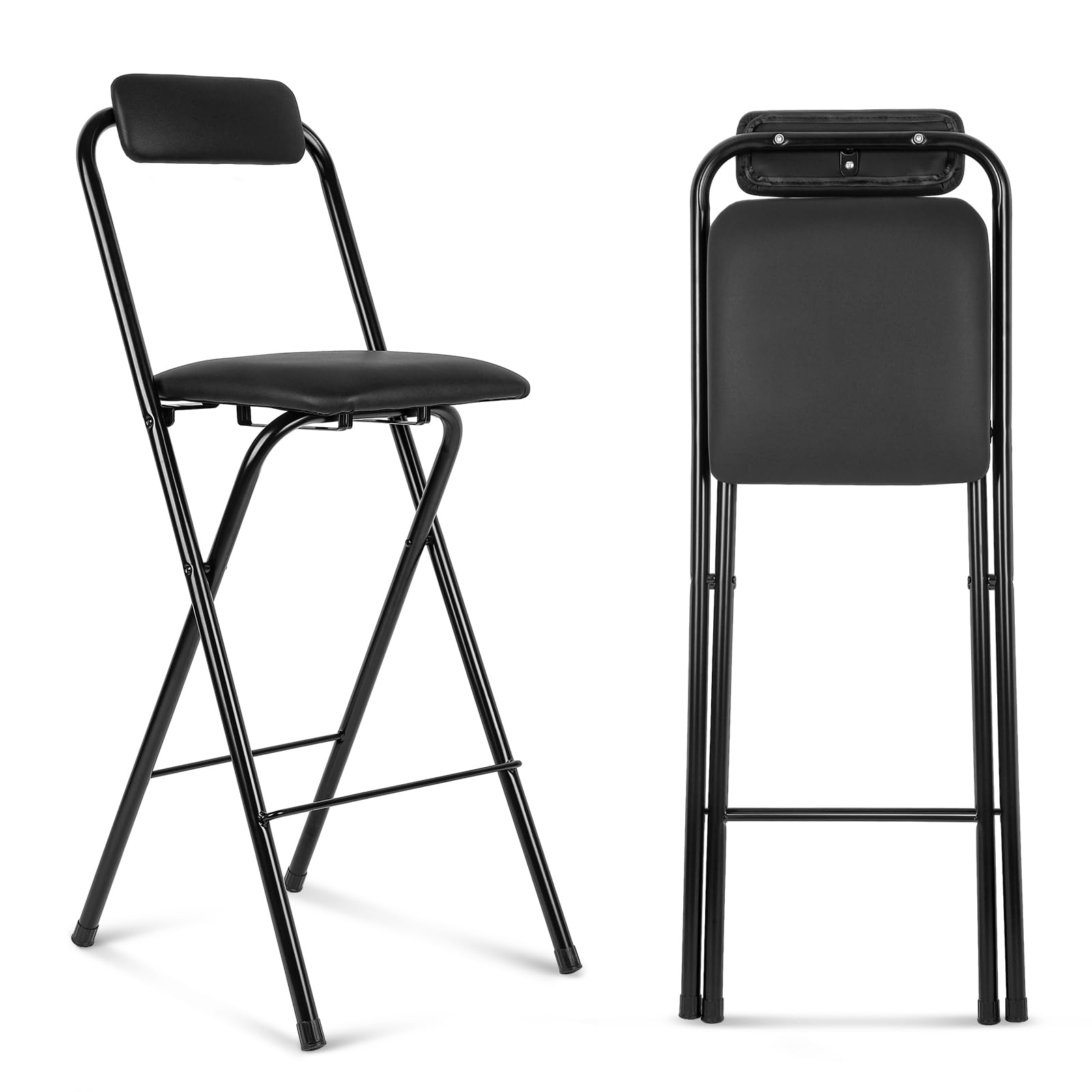Thyle Folding Bar Stool with Backrest, Leather Padded Counter Height Foldable Stool, Portable Folding Stool Tall Bar Stools for 