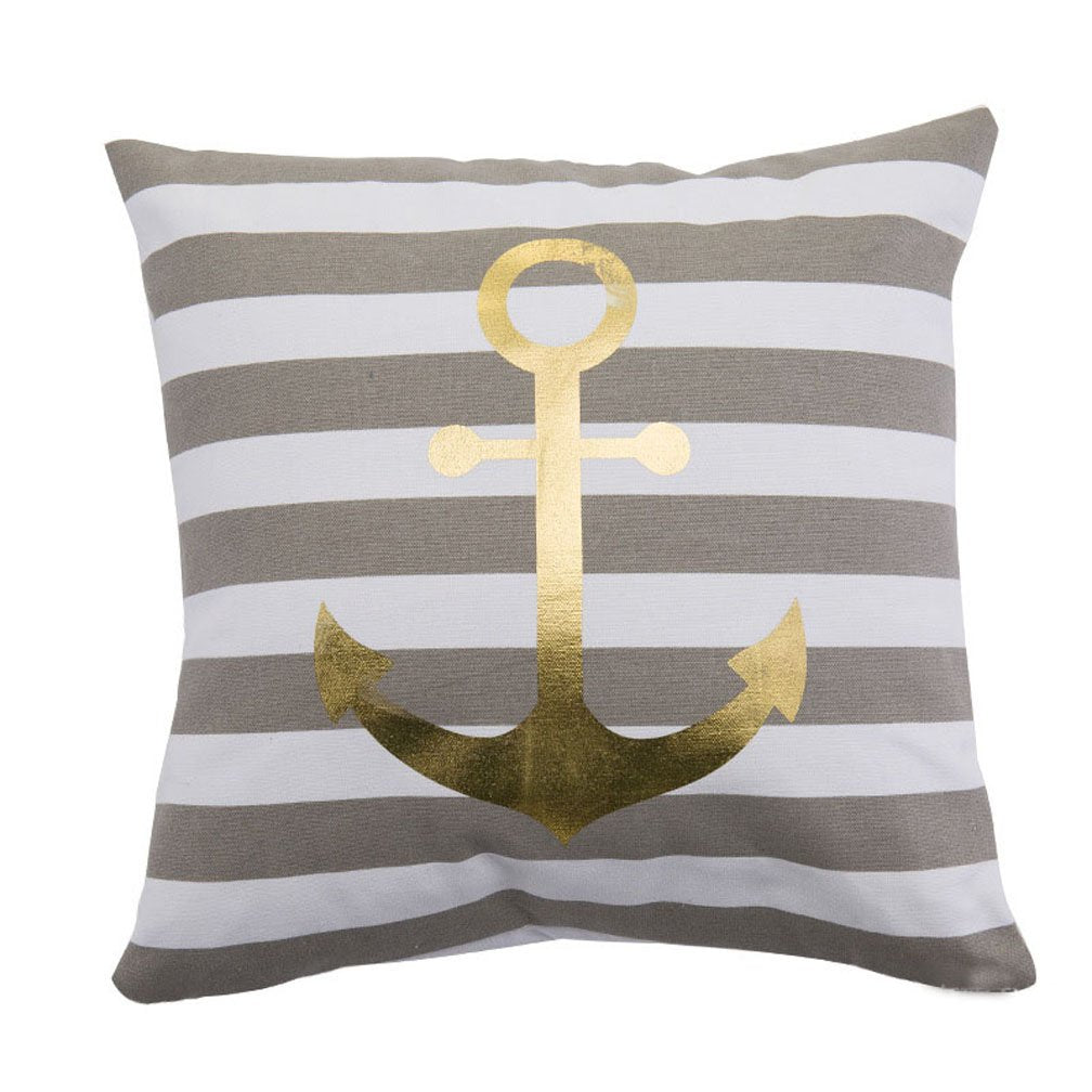 DECOPOW Nautical Decorative Pillow Cover, Stripes and Gold Anchor Pattern 18X18 (Gray Stripes)