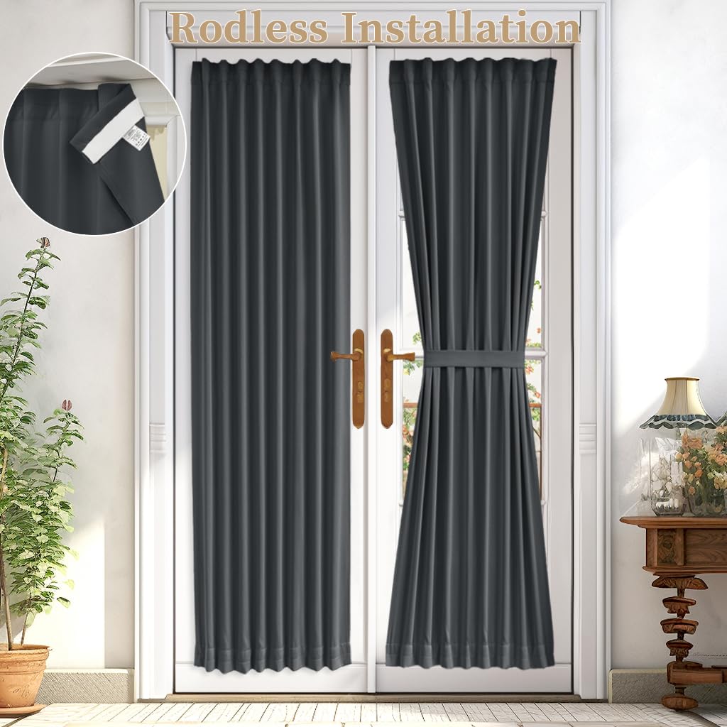 Vatge Gray French Door Curtain - Thermal Insulated Rod Pocket Blackout Door Curtains Privacy Side Door Window Curtains with Tieb