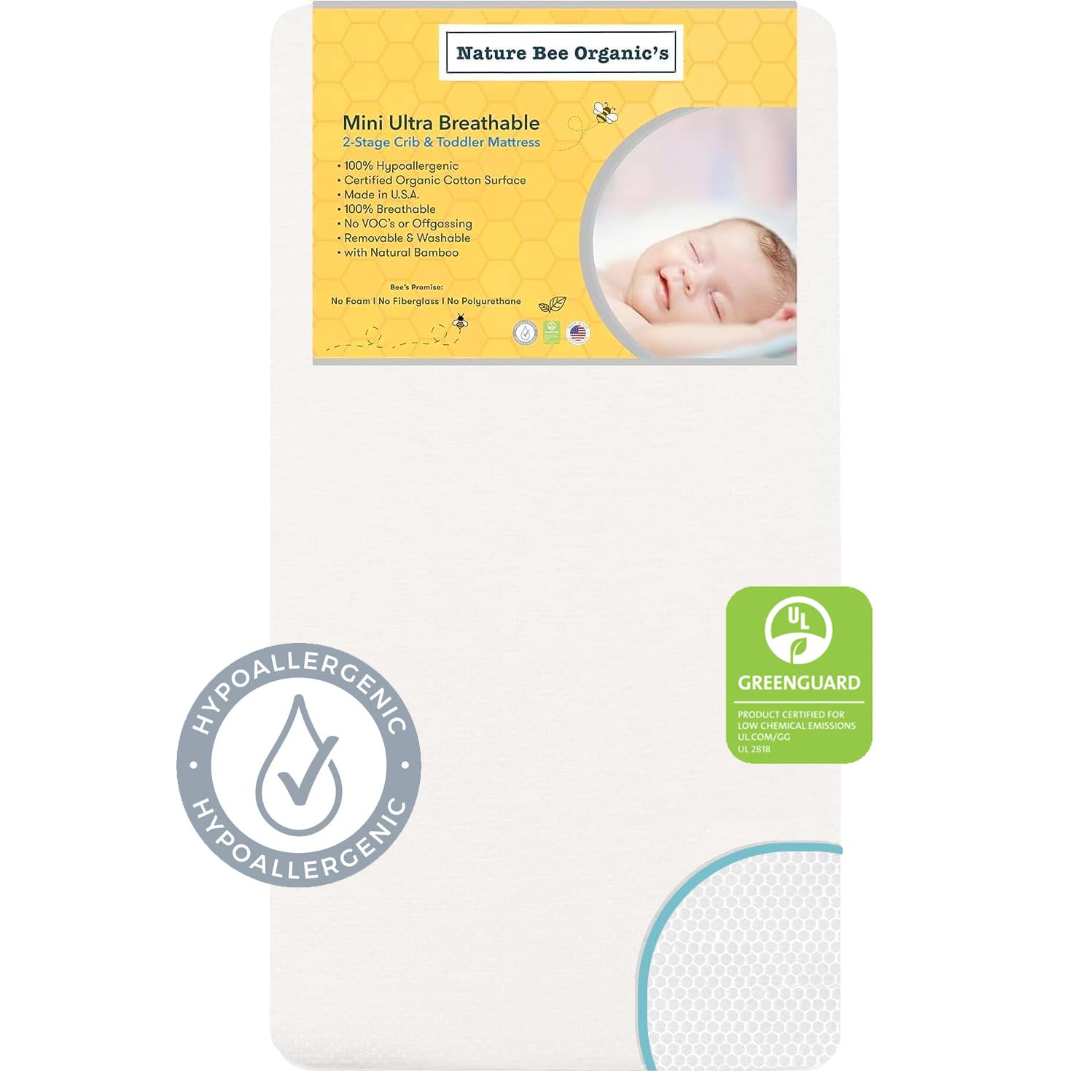 Nature Bee Organics Breathable 2-Stage Mini Crib & Toddler Mattress I 100% Breathable I GreenGuard Gold Certified I 100% Hypoal