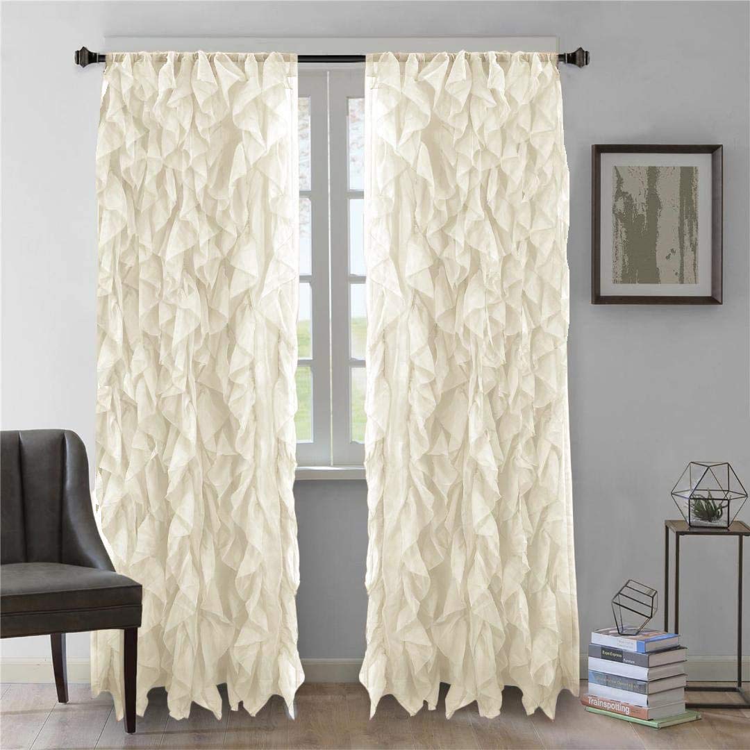 DiamondHome 2pc Cascade Shabby Chic Sheer Ruffled Curtain Panel (Beige, 84 L Panel Pair)