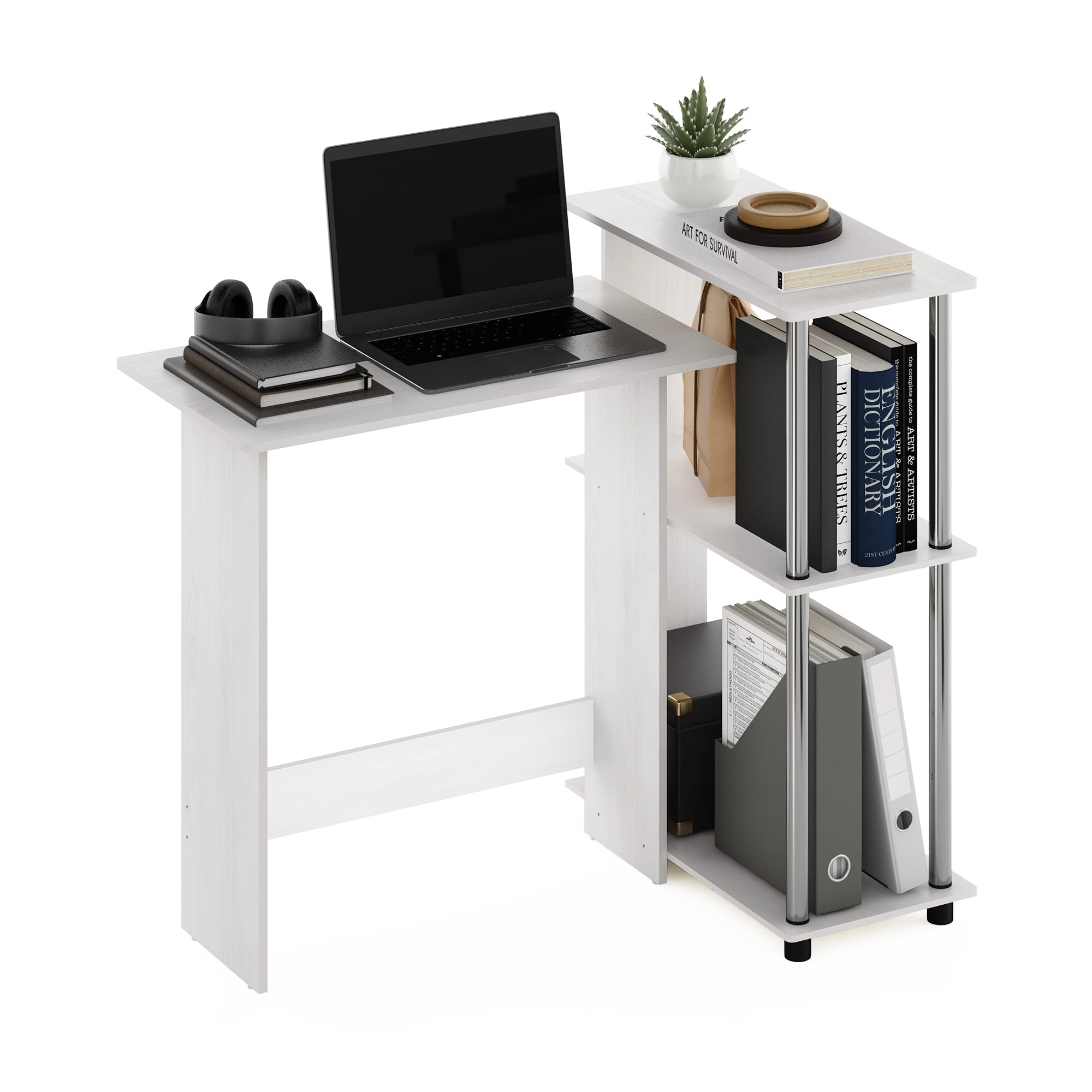 Furinno Abbott Corner Computer Desk with Bookshelf, White Oak/Chrome