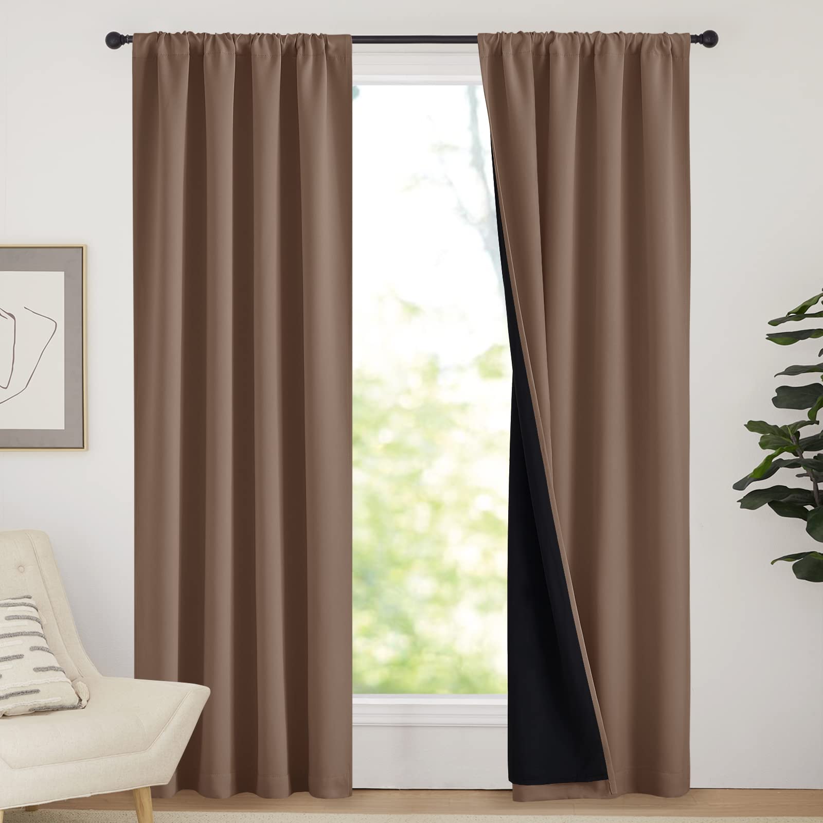 NICETOWN Warm Curtains for Winter, 100% Blackout Curtains Thermal, Noise Reduction and Privacy Curtains for Patio Door, Black Li