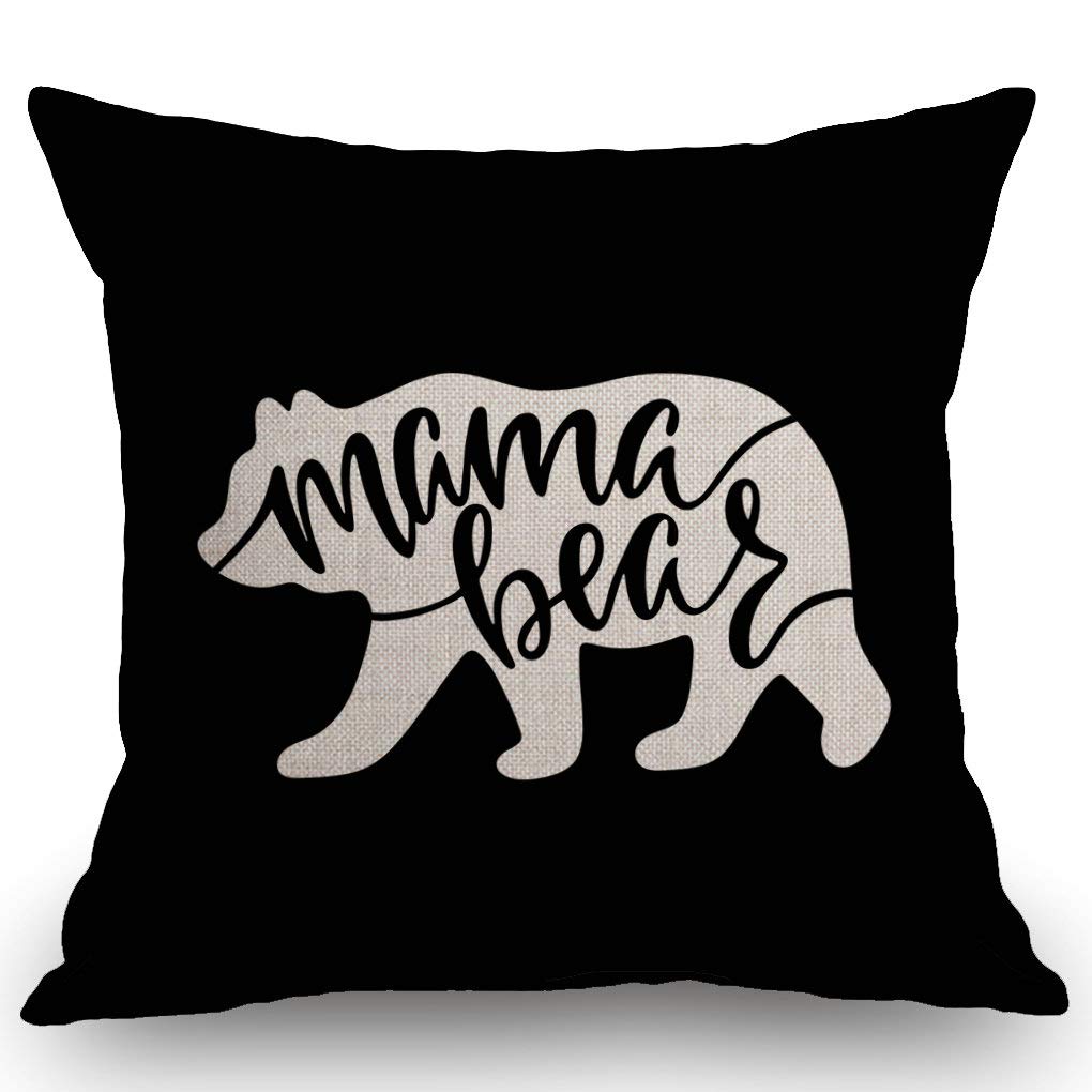 SSOIU Black Background Mama Bear Cotton Linen Throw Pillow Case Cushion Cover Home Office Decorative Square 18 Inches Without Pi