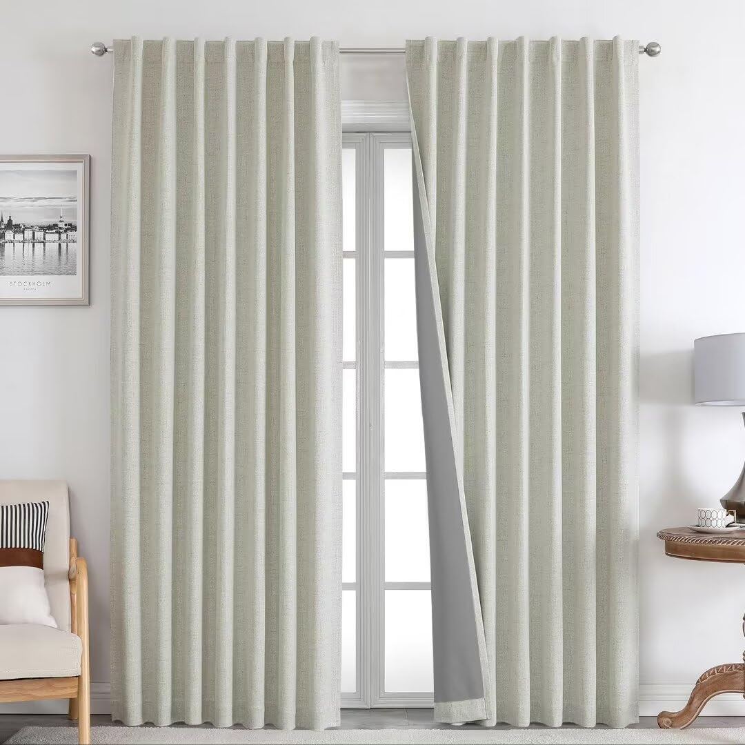 Joydeco 100% Blackout Curtains 90 inches Long Natural Linen Drapes 2 Panels Set Burg for Bedroom Living Room Black Out Darkening