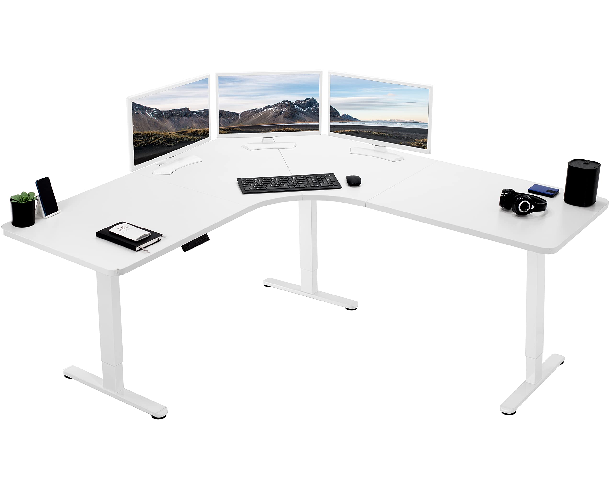 VIVO Electric Height Adjustable 71 x 71 inch Curved Corner Stand Up Desk, White Table Top, White Frame, Memory Controller, L-Sha