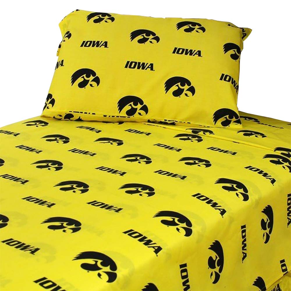 College Covers Everything Comfy Iowa Hawkeyes King Sized 4 Piece Sheet Set, Team Color Background, 1 Flat Sheet, 1 Fitted Sheet,