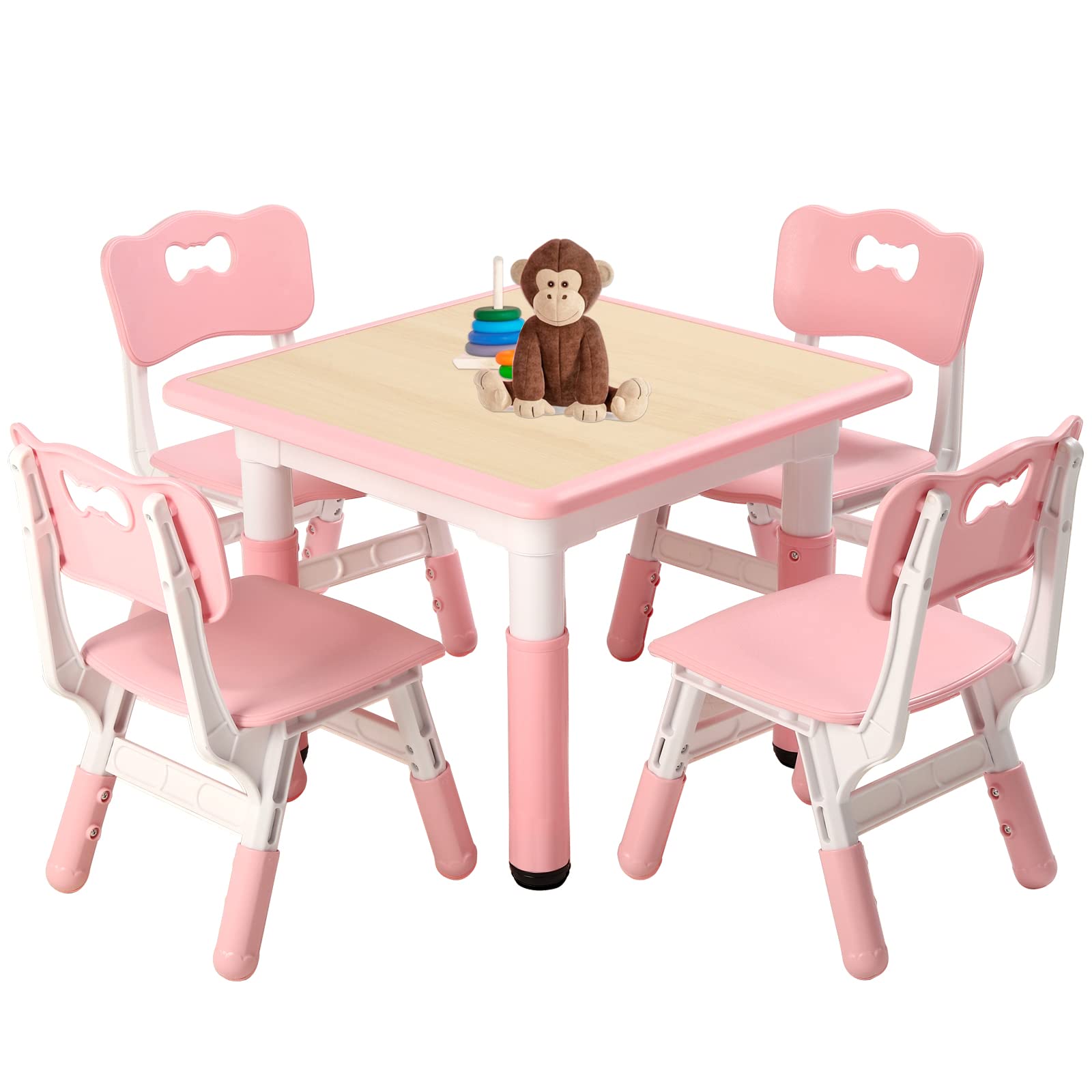 FUNLIO Kids Table and 4 Chairs Set, Height Adjustable Toddler Table and Chair Set for Ages 3-8, Easy to Wipe Arts & Crafts Table