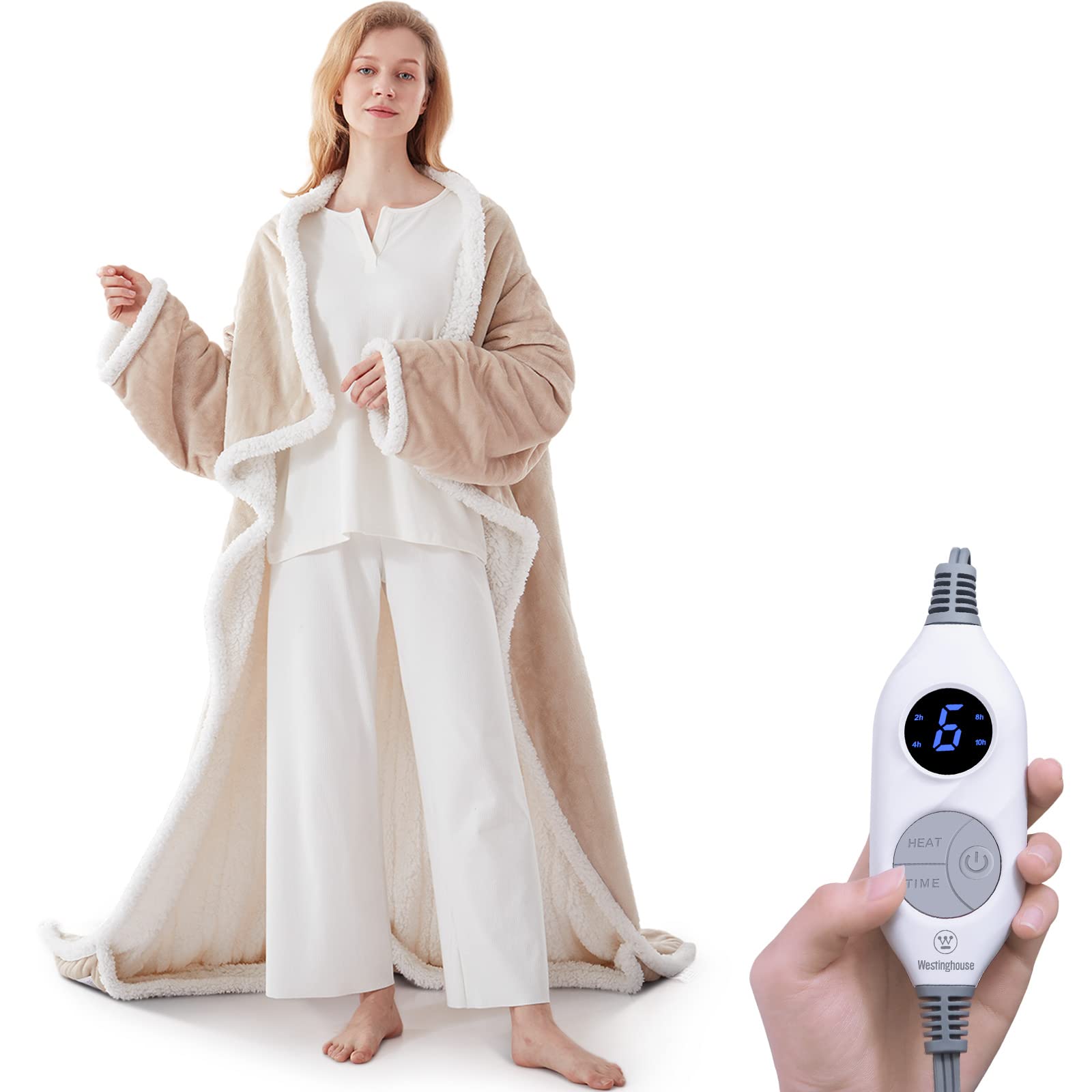 Westinghouse Electric Snuggle Throw Blankets with Foot Pocket, Wearable Heated Throw with Sleeves, 6 Heating Levels & 2 to 10 Ho