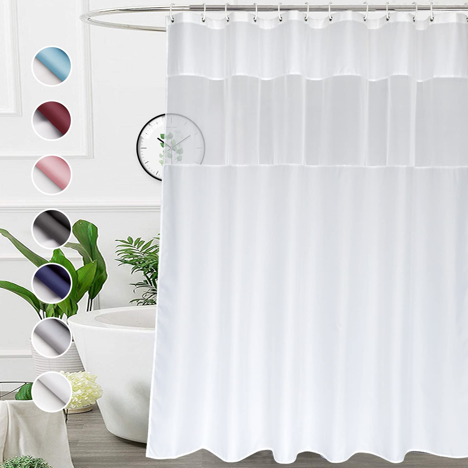 UFRIDAY Long White 72x78 inches Shower Curtain with Mesh Window, Washable Fabric Shower Curtain for Bathroom Sets,Weighted Botto