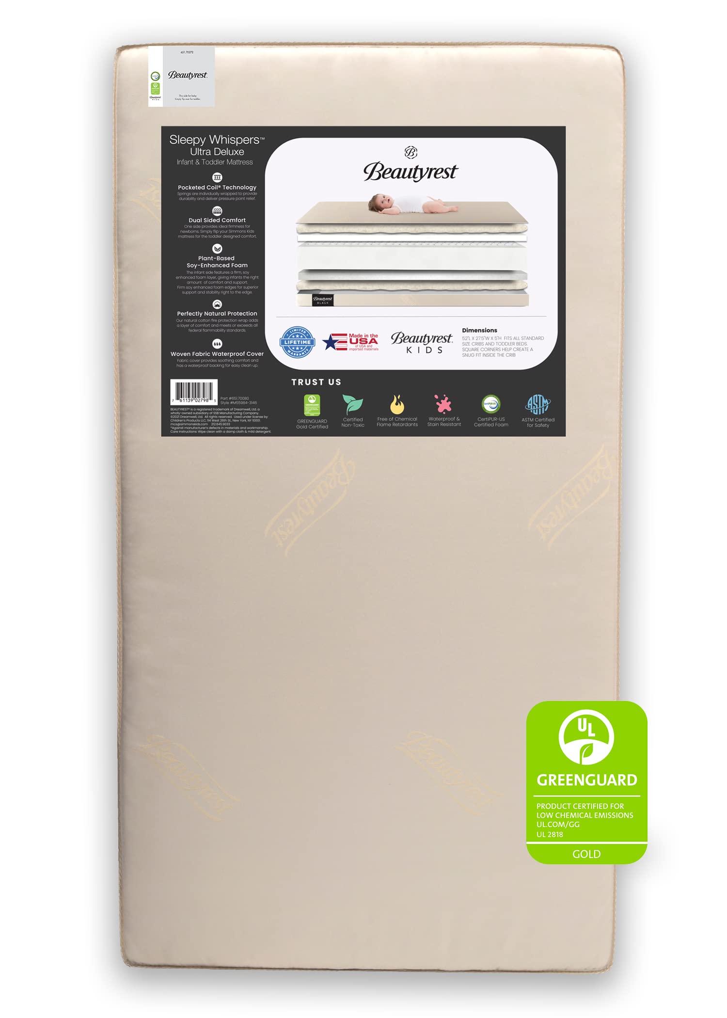 Beautyrest Beginnings Sleepy Whispers Ultra Deluxe 2-in-1 Innerspring Crib and Toddler Mattress | Waterproof | GREENGUARD Gold C