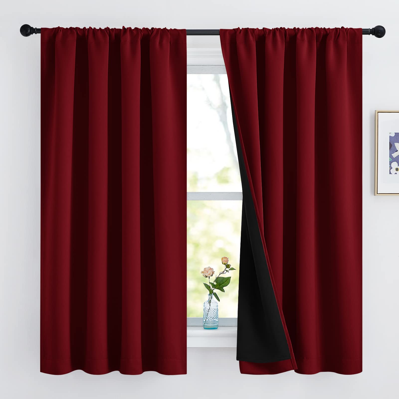NICETOWN 100% Blackout Curtain Panels, Thermal Insulated Black Liner Curtains for Kitchen, Noise Reducing & Cold Blocking Drapes