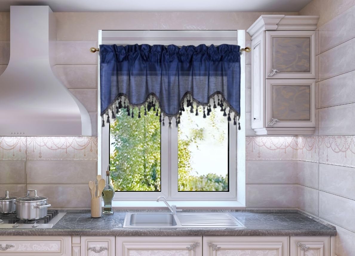 Solid Faux Silk Swag Waterfall Cascade Ascot Window Curtain Valance w/Tassels Trim 55  x18  Wave (1, Navy Blue)