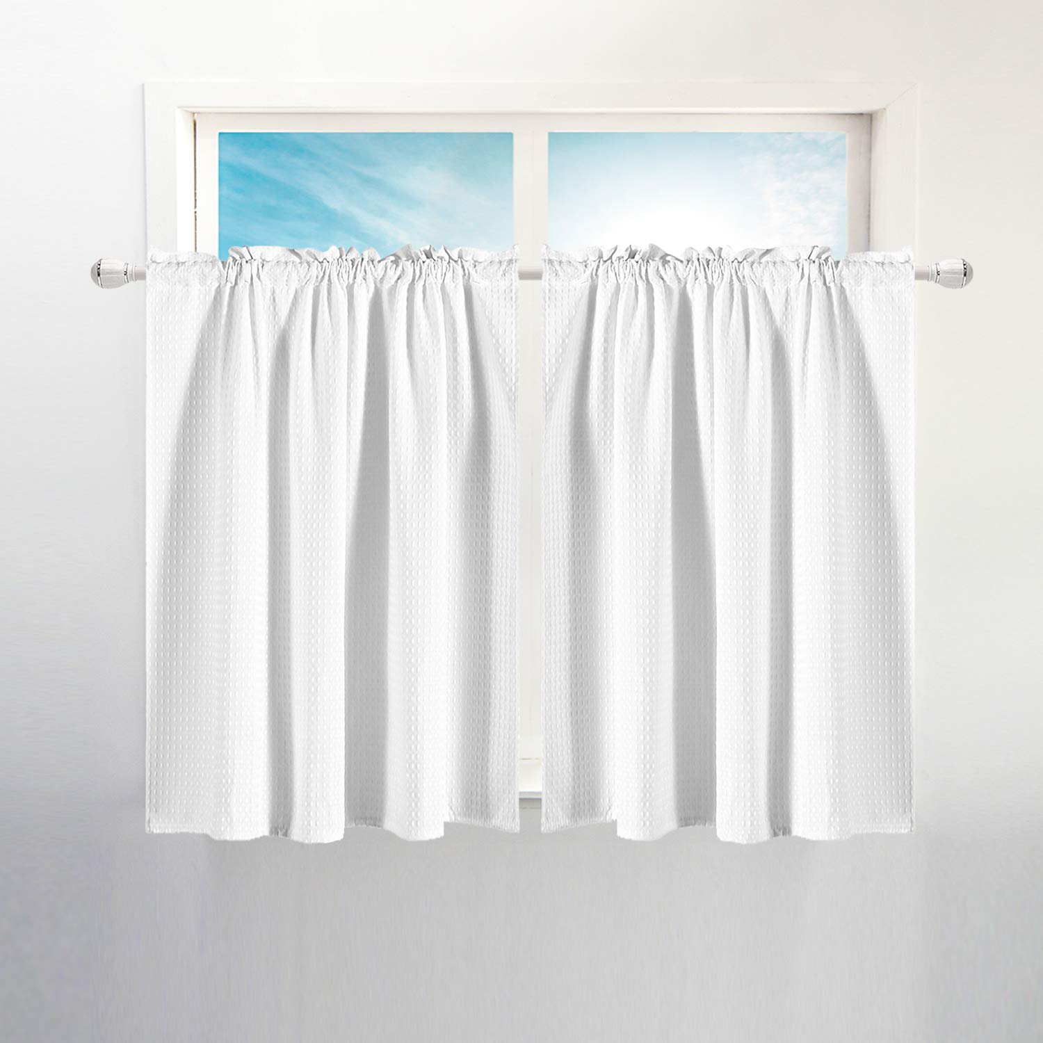 Waffle Weave Tier Curtains: 45 Inch Short Length for Small Window in Kitchen & Bathroom, Waterproof and Washable - White, 36x45 