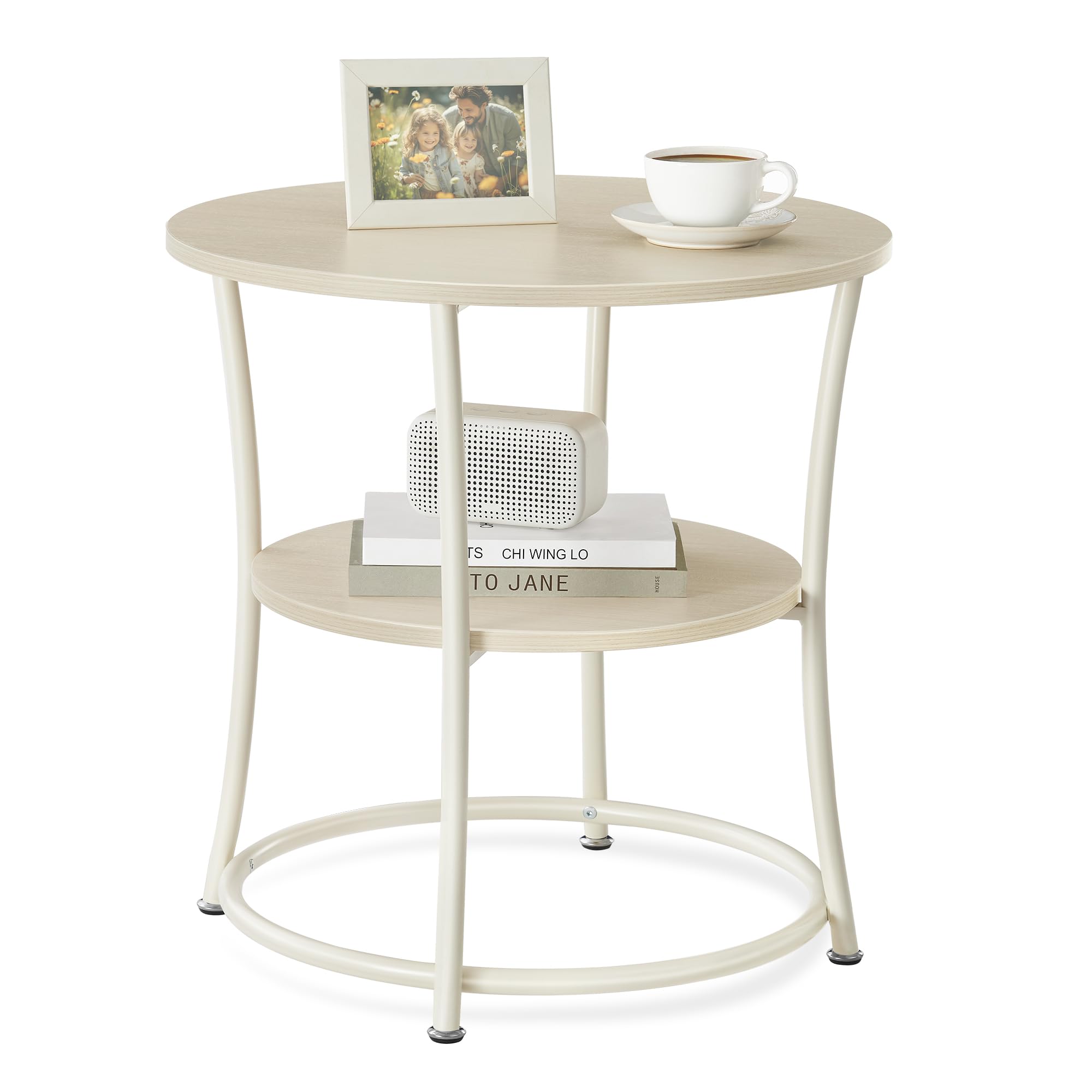 VASAGLE Side Table, Round End Table with 2 Storage Shelves for Living Room, Bedroom, Nightstand with Steel Frame for Small Space