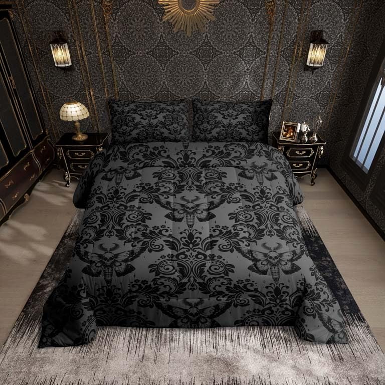 Feelyou Adults Gothic Comforter Set King Size Dark Olive Green Damask Comforter Death Moth Bohemia Boho Bedding Set Goth Skull D