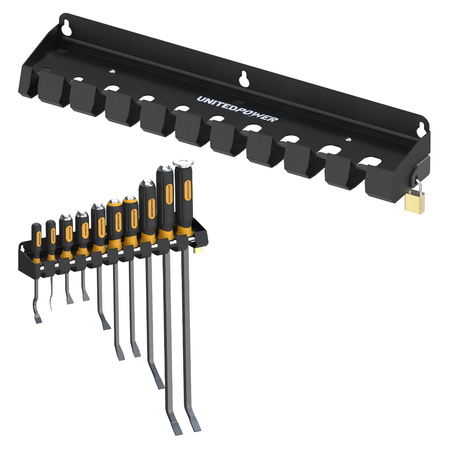 UNITEDPOWER Pry Bar Holder, Lockable Wall Mount Storage Rack Organizer for Workshop, Shed, Garage, Home, Stores up to 10 13 Tool