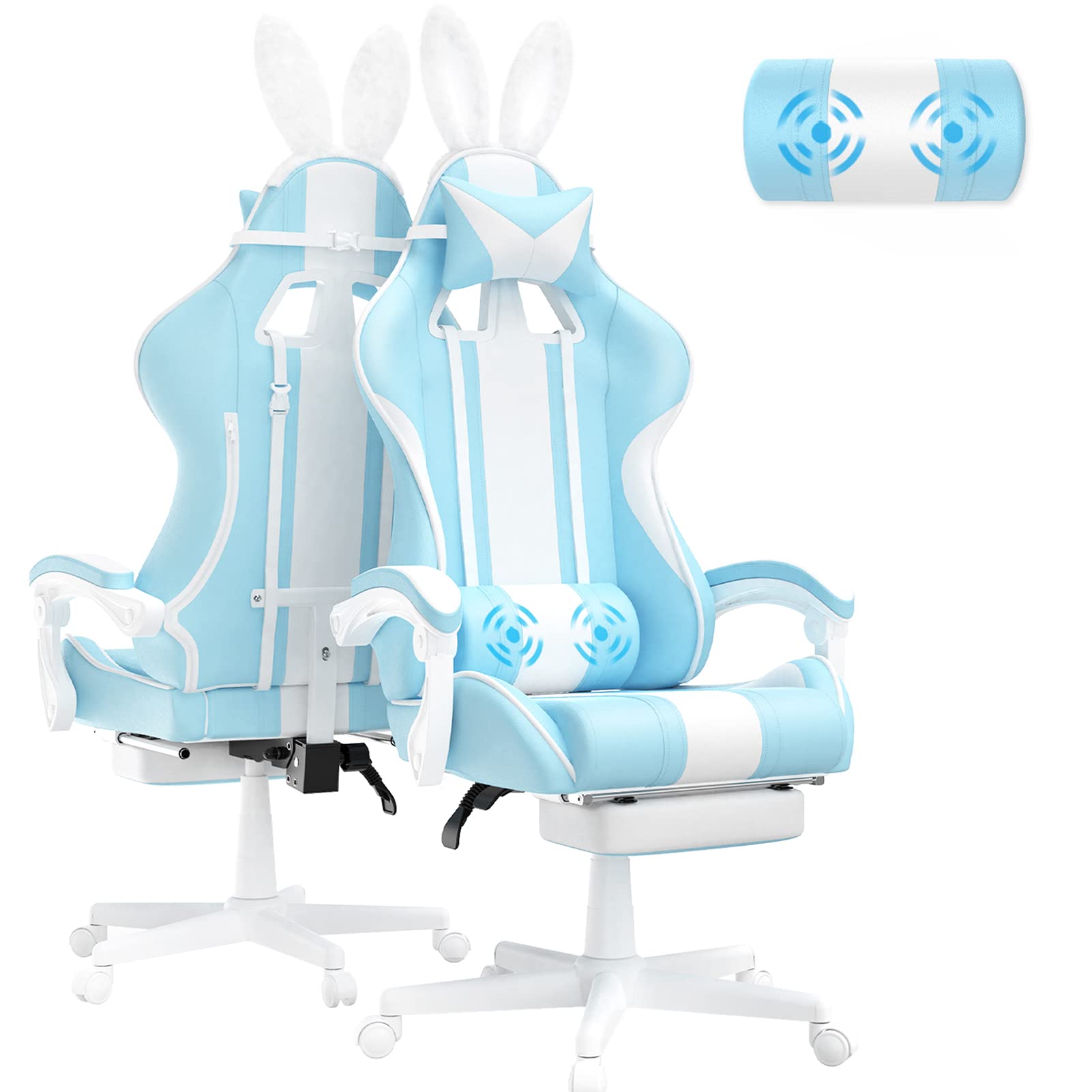Ferghana Kawaii Light Blue Gaming Chair with Bunny Ears, Ergonomic Cute Gamer Chair with Footrest and Massage, Racing Reclining 
