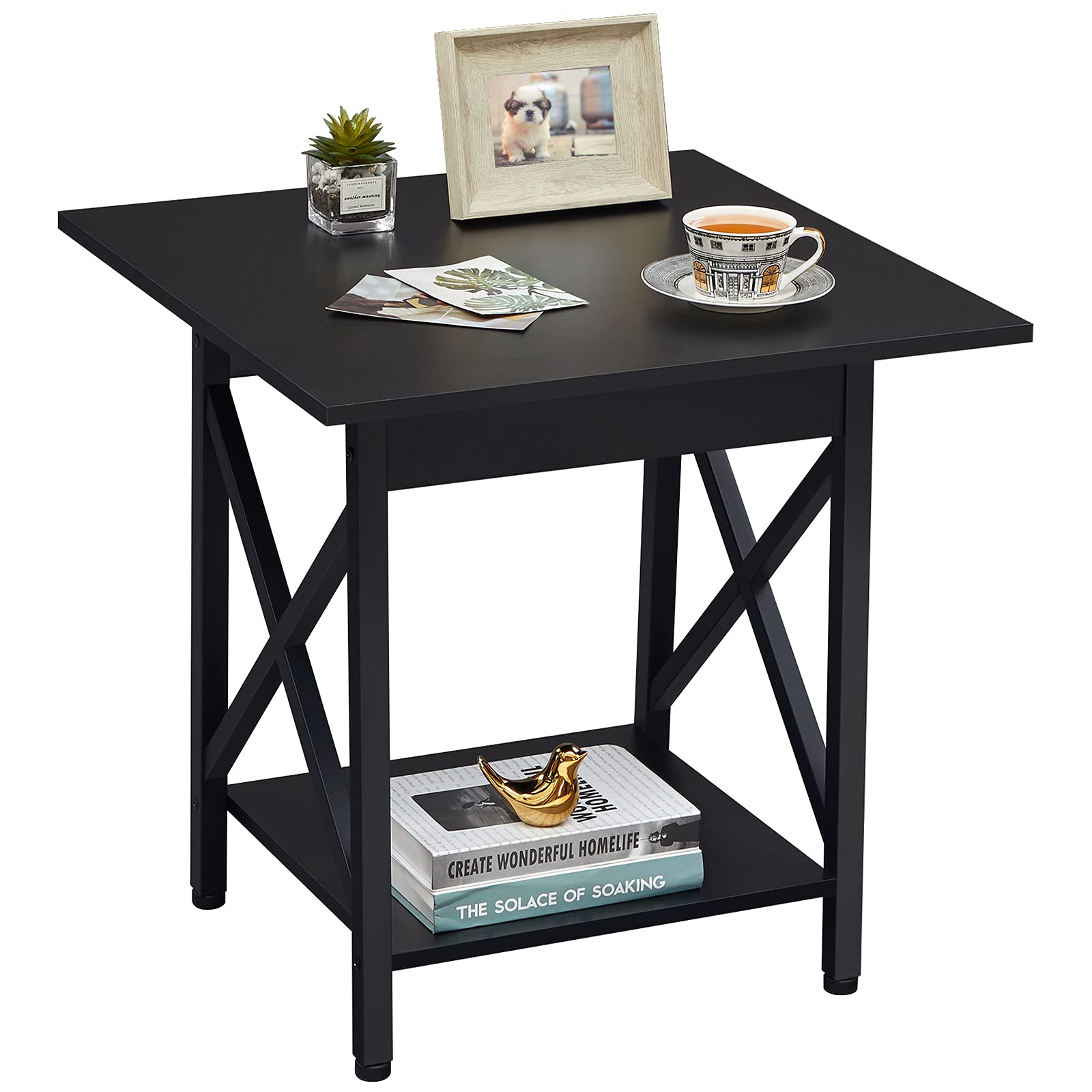 GreenForest End Table 24 inch Industrial Design Side Table with Storage Shelf for Living Room, Easy Assembly, Black