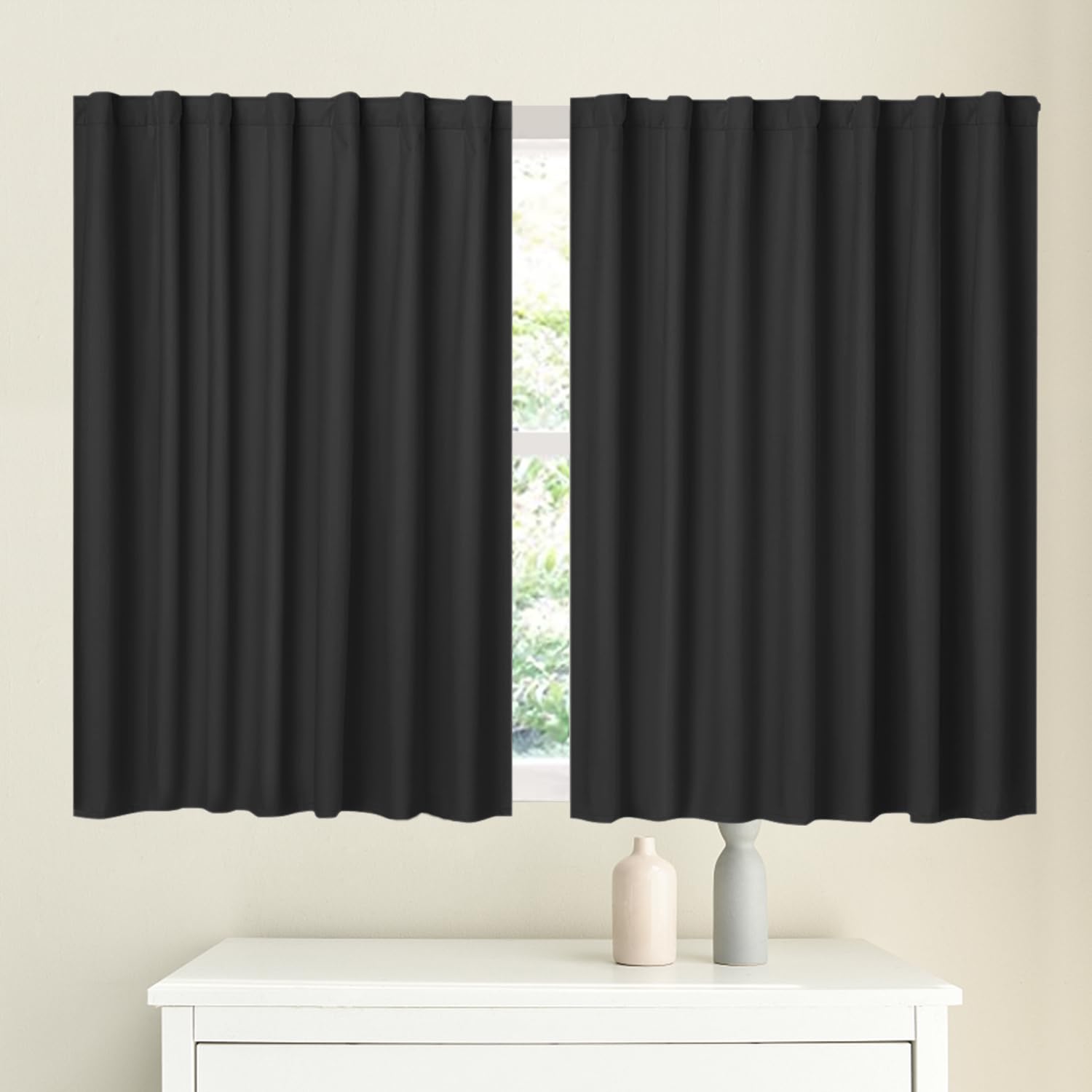 Muamar hook and loop Blackout Curtains for Bedroom 2 Panels with Tiebacks(Black, 34 W x 45 L),Without Rods Small Curtains,Kitche