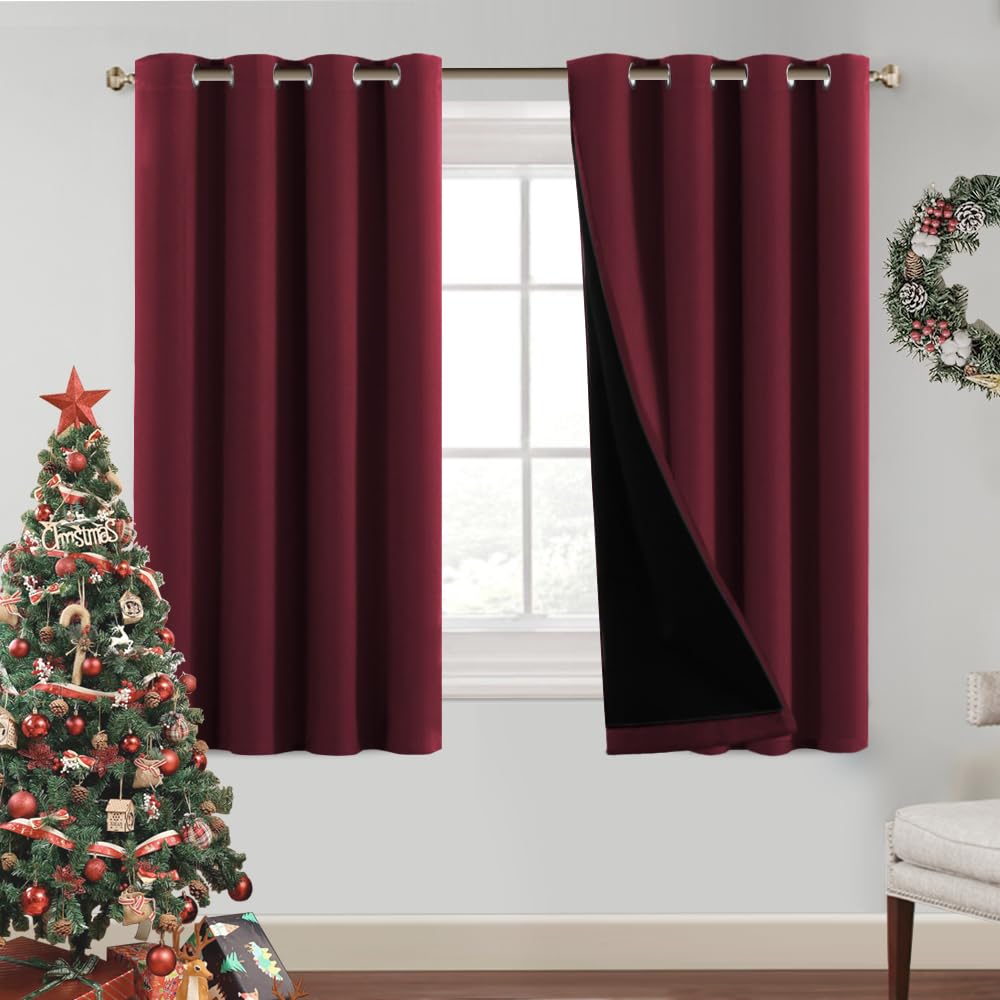 PrinceDeco 100% Blackout Curtains for Bedroom with Black Liner Full Blackout Noise Reducing Grommet Curtain Solid Thermal Insula