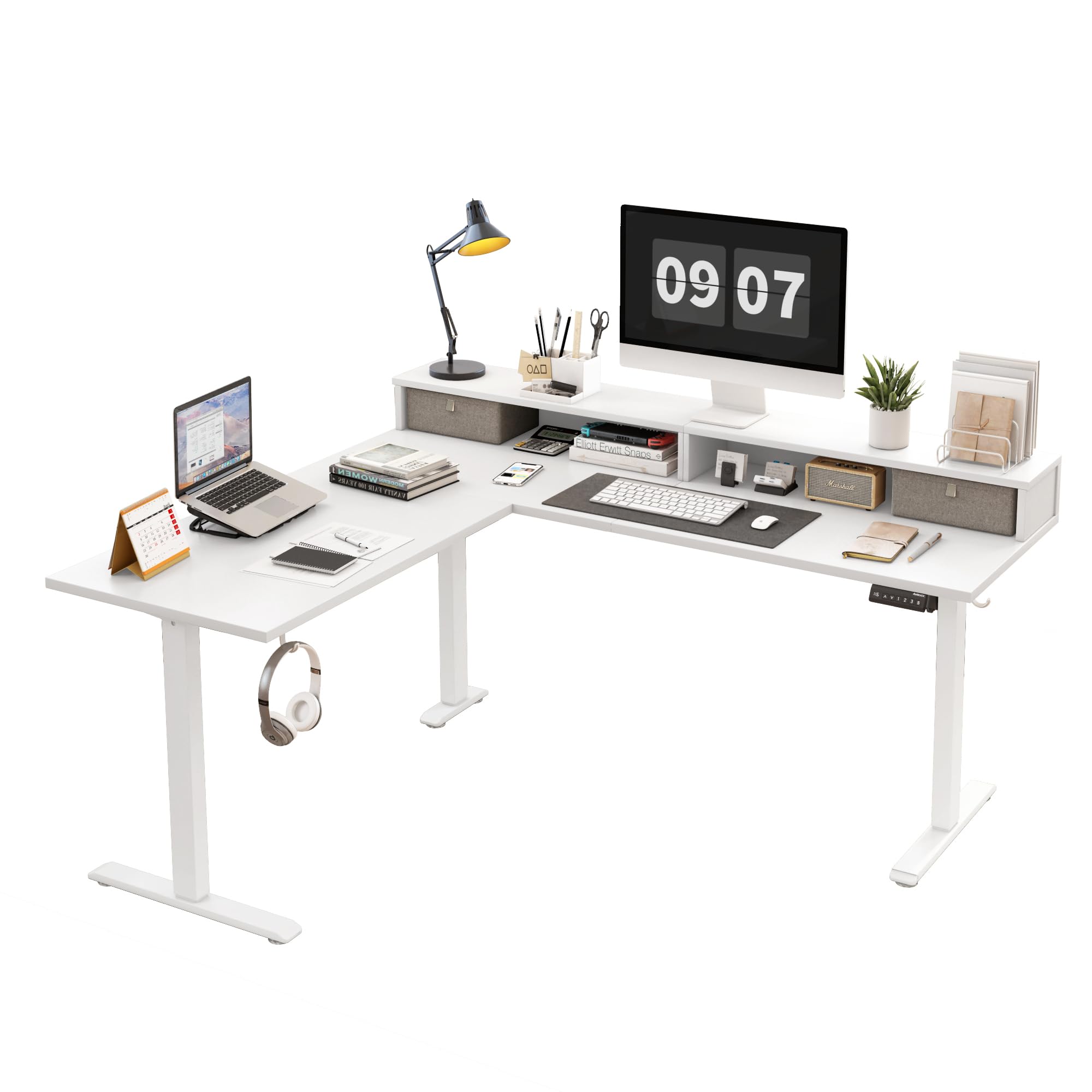 Agilestic L Shaped Electric Standing Desk with 2 Drawers, 63 Inch Ergonomic Adjustable Height Desk with Storage, Corner Desk Sit
