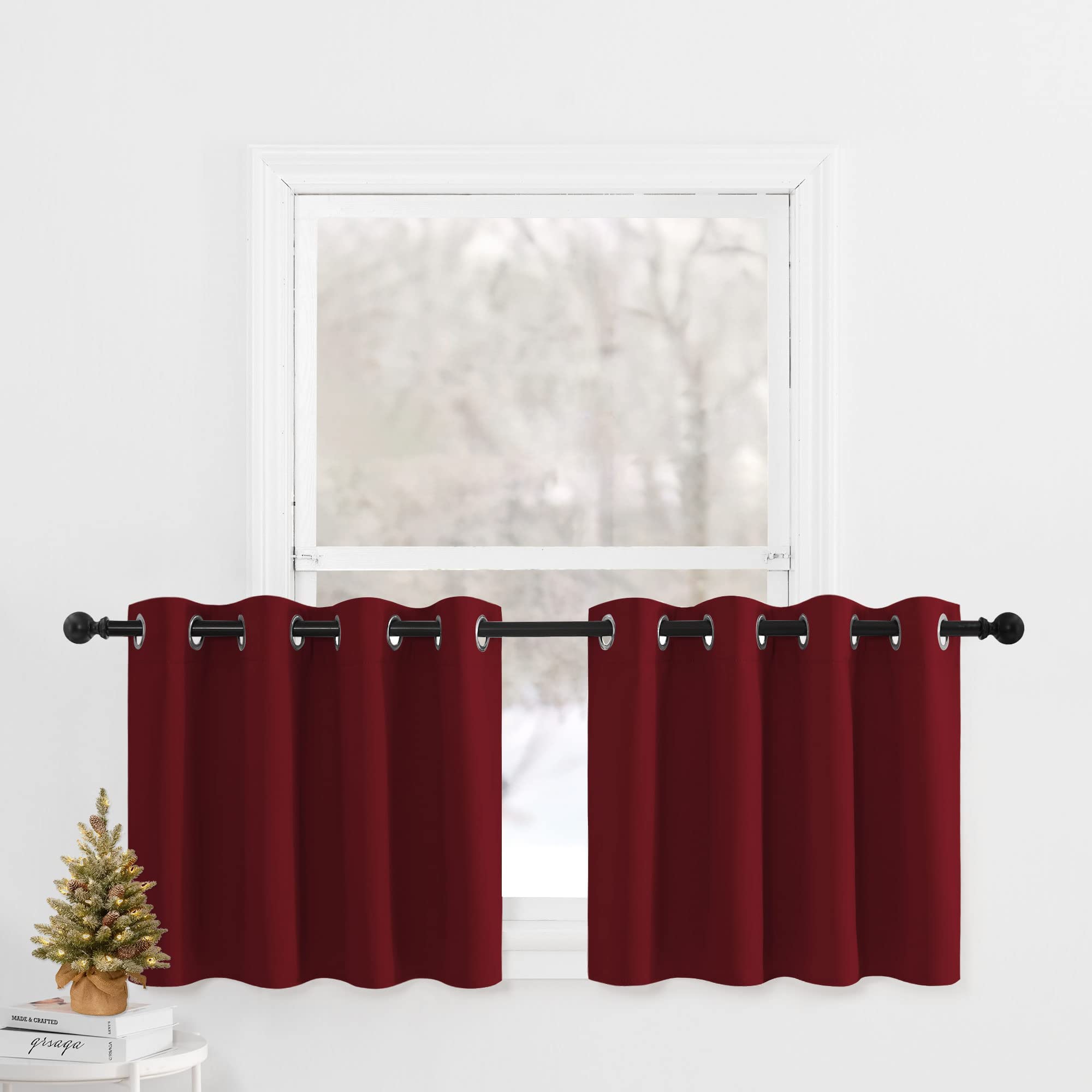NICETOWN Red Blackout Tiers Curtains for Small Window - Thermal Insulated Eyelet Top Plain Blackout Curtains for Bathroom Christ
