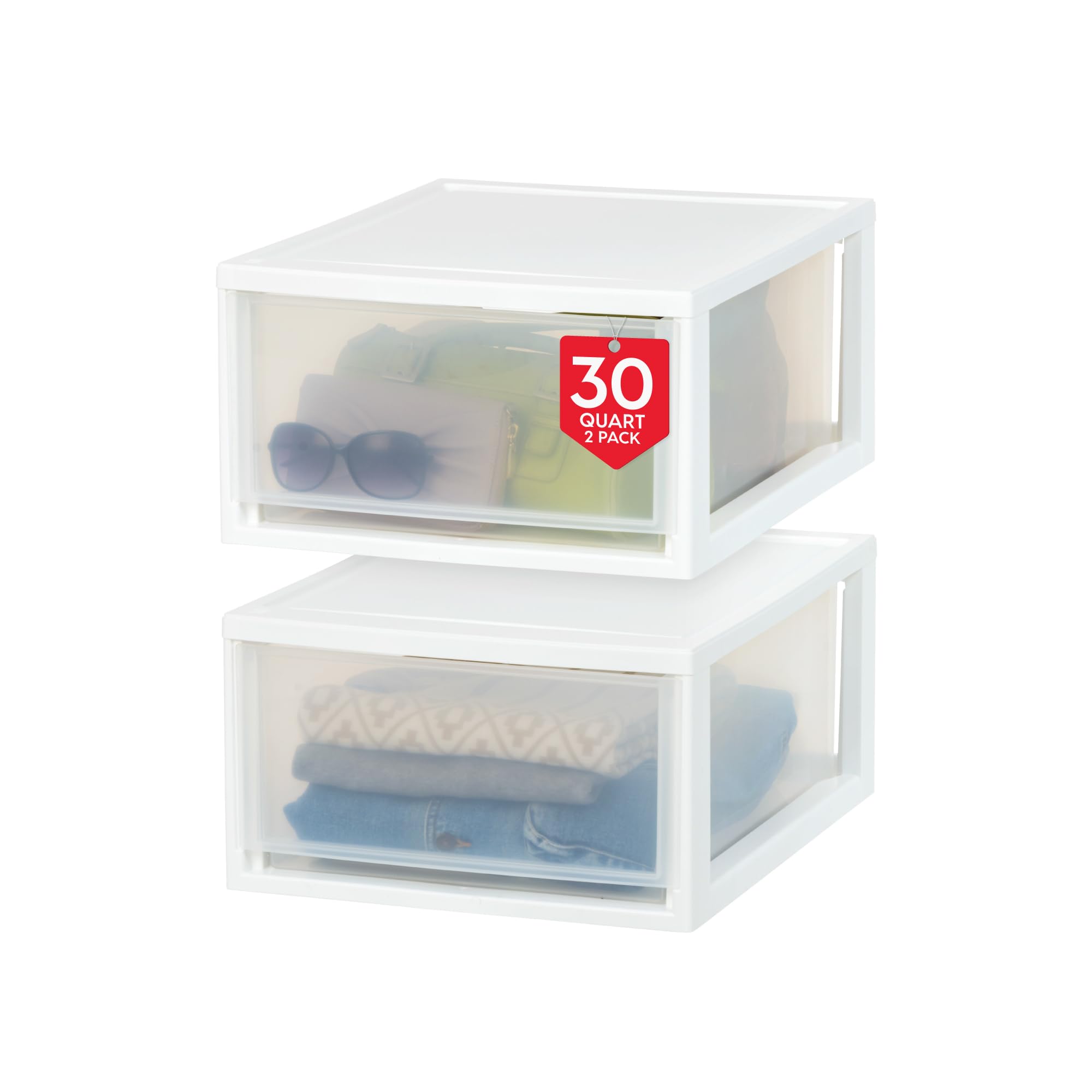 IRIS USA 30 Qt. Plastic Drawer Storage Organizer Stacking Drawers, 2-Pack, Stackable Unit with Sliding Drawer for Clothes Bedroo