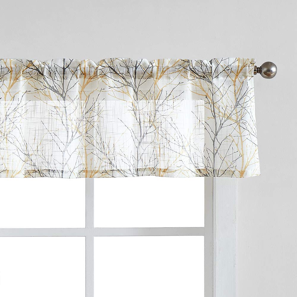 FMFUNCTEX Window Valance Curtains Yellow/Grey Tree Branch Print on Semi-Sheer White Short Valance for Kitchen 50   W x 15 L, 1 P