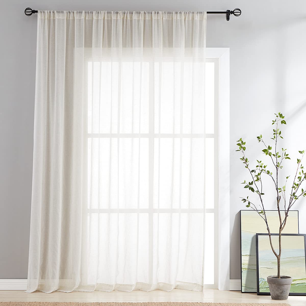 FMFUNCTEX Linen Sheer Sliding Door Curtains for Bedroom, Beige Curtains 96 Inches Long Window Curtain Drapes for Living Room, Na
