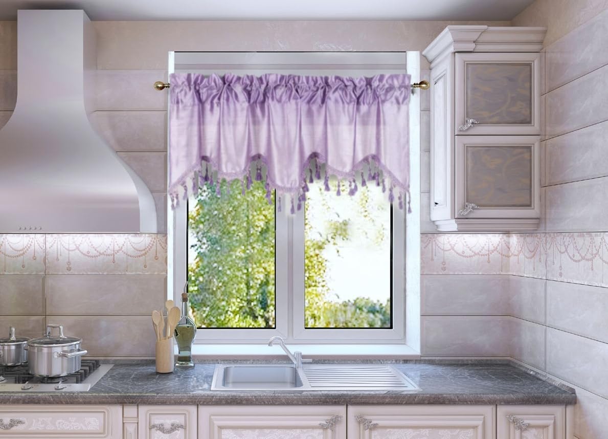 Solid Faux Silk Swag Waterfall Cascade Ascot Window Curtain Valance w/Tassels Trim 55  x18  Wave (1, Lilac)