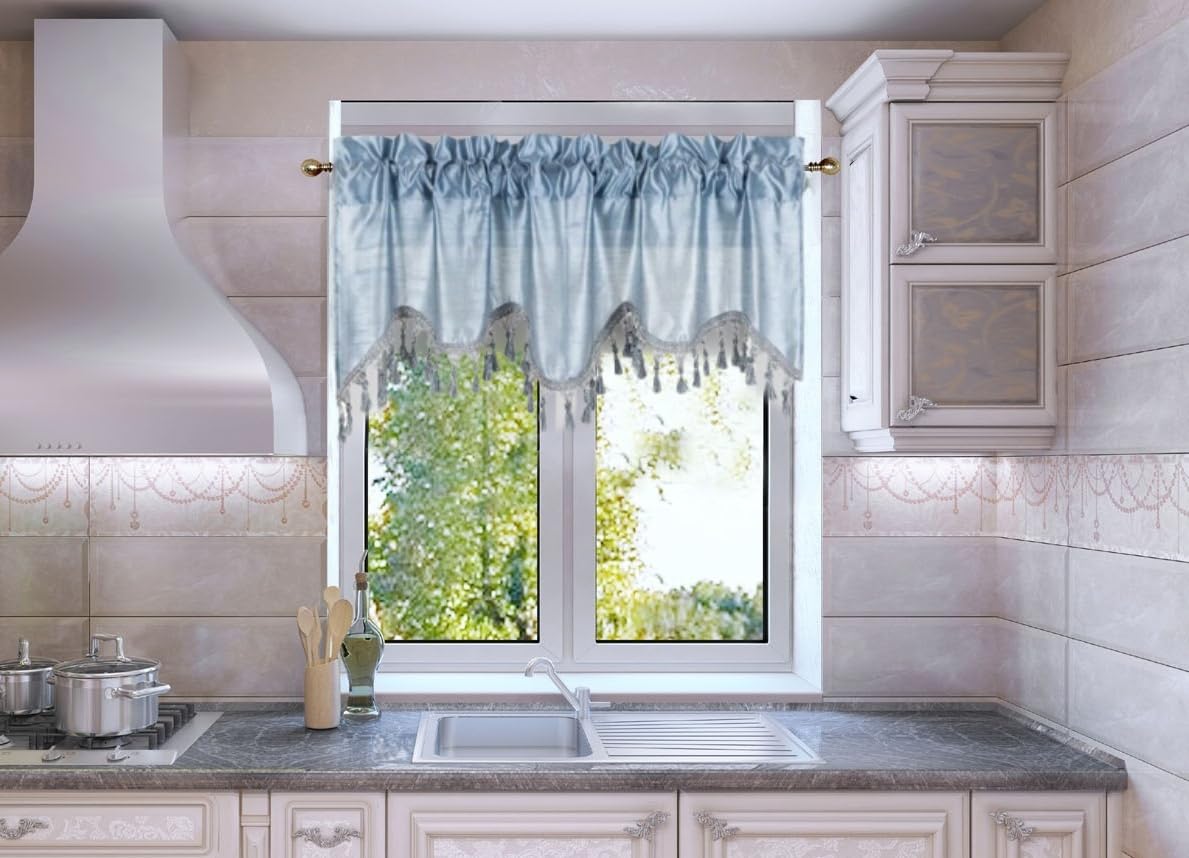 Solid Faux Silk Swag Waterfall Cascade Ascot Window Curtain Valance w/Tassels Trim 55  x18  Wave (1, Slate Blue)