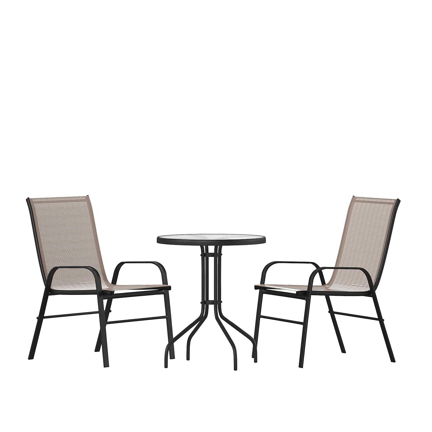 Flash Furniture Brazos 3 Piece Outdoor Patio Dining Set - 2 Brown Flex Comfort Stack Chairs - 23.75 Round Tempered Glass Patio T