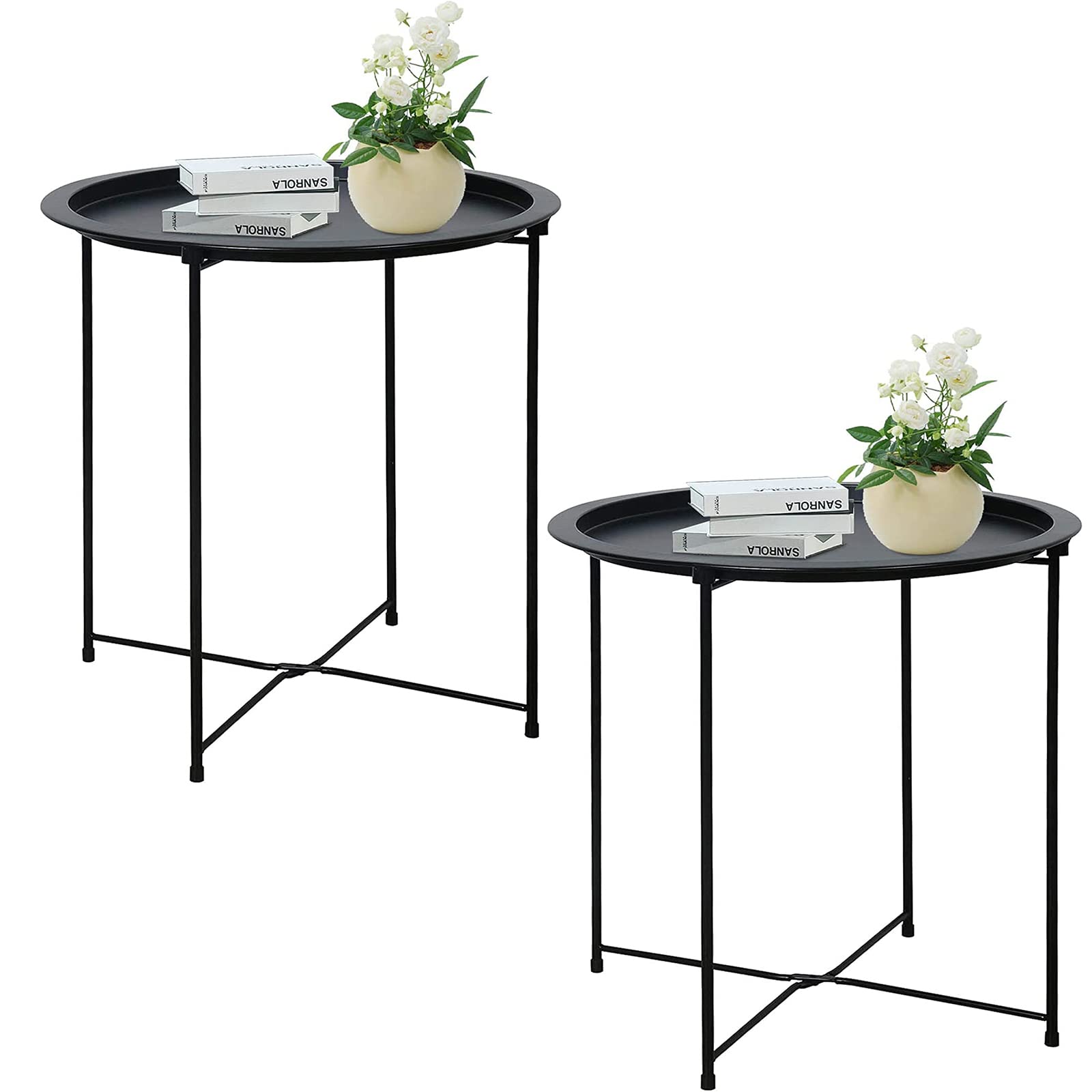 Garden 4 you End Table 2 PCS Metal Side Table Black Round Folding Tray Cyan Sofa Small Accent Fold-able Table, Round End Table T